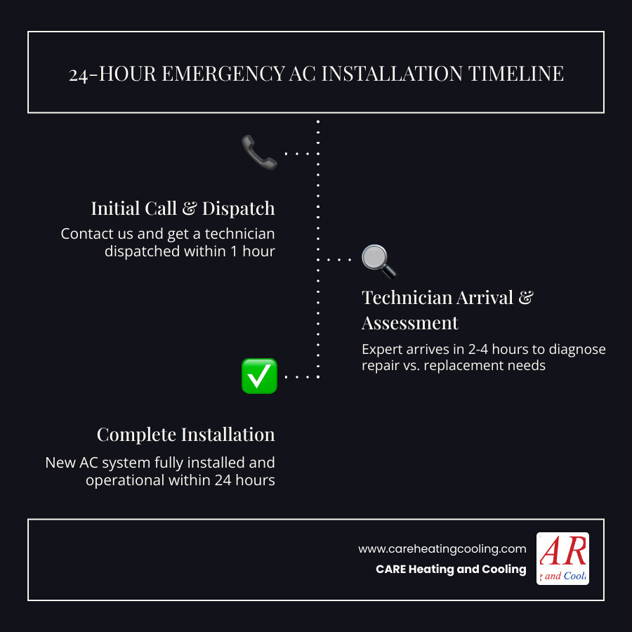 infographic showing emergency AC installation timeline: initial call and dispatch within 1 hour, technician arrival and assessment within 2-4 hours, equipment procurement and preparation within 4-8 hours, complete installation within 24 hours, with icons representing each stage of the process - 24 hour ac installation in canal winchester, oh infographic infographic-line-3-steps-dark infographic showing emergency AC installation timeline: initial call and dispatch within 1 hour, technician arrival and assessment within 2-4 hours, equipment procurement and preparation within 4-8 hours, complete installation within 24 hours, with icons representing each stage of the process - 24 hour ac installation in canal winchester, oh infographic infographic-line-3-steps-dark