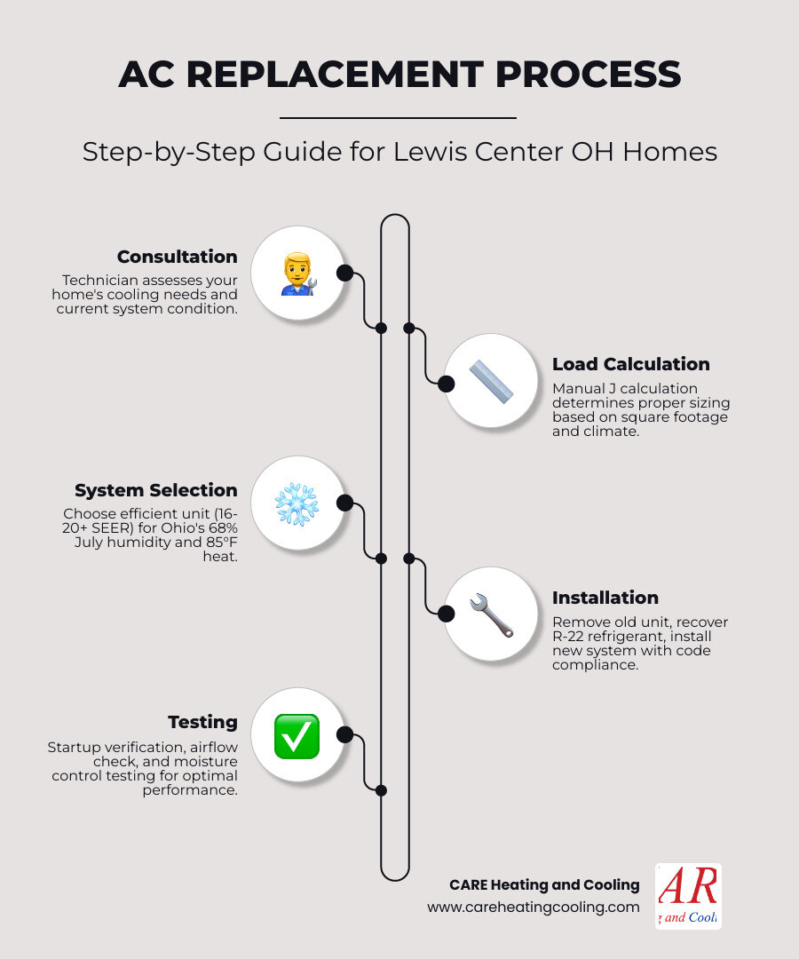 infographic showing the AC replacement process: initial consultation and home assessment, Manual J load calculation and system sizing, equipment selection based on efficiency and climate needs, permit application through Orange Township, old system removal and certified refrigerant recovery, new unit installation with proper refrigerant charge, ductwork inspection and modifications if needed, startup testing and airflow verification, final inspection and warranty registration, ongoing maintenance schedule setup - ac replacement lewis center oh infographic infographic-line-5-steps-elegant_beige infographic showing the AC replacement process: initial consultation and home assessment, Manual J load calculation and system sizing, equipment selection based on efficiency and climate needs, permit application through Orange Township, old system removal and certified refrigerant recovery, new unit installation with proper refrigerant charge, ductwork inspection and modifications if needed, startup testing and airflow verification, final inspection and warranty registration, ongoing maintenance schedule setup - ac replacement lewis center oh infographic infographic-line-5-steps-elegant_beige