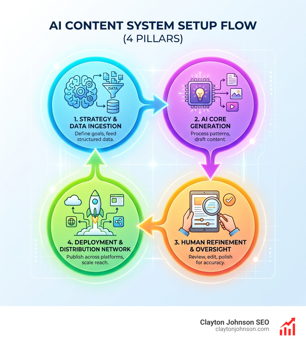 Infographic showing the key differences between simple AI tools (one-off prompts, no context, generic output) and autonomous AI content systems (persistent memory, brand voice integration, multi-channel distribution, workflow automation, security controls) - AI content system setup infographic 