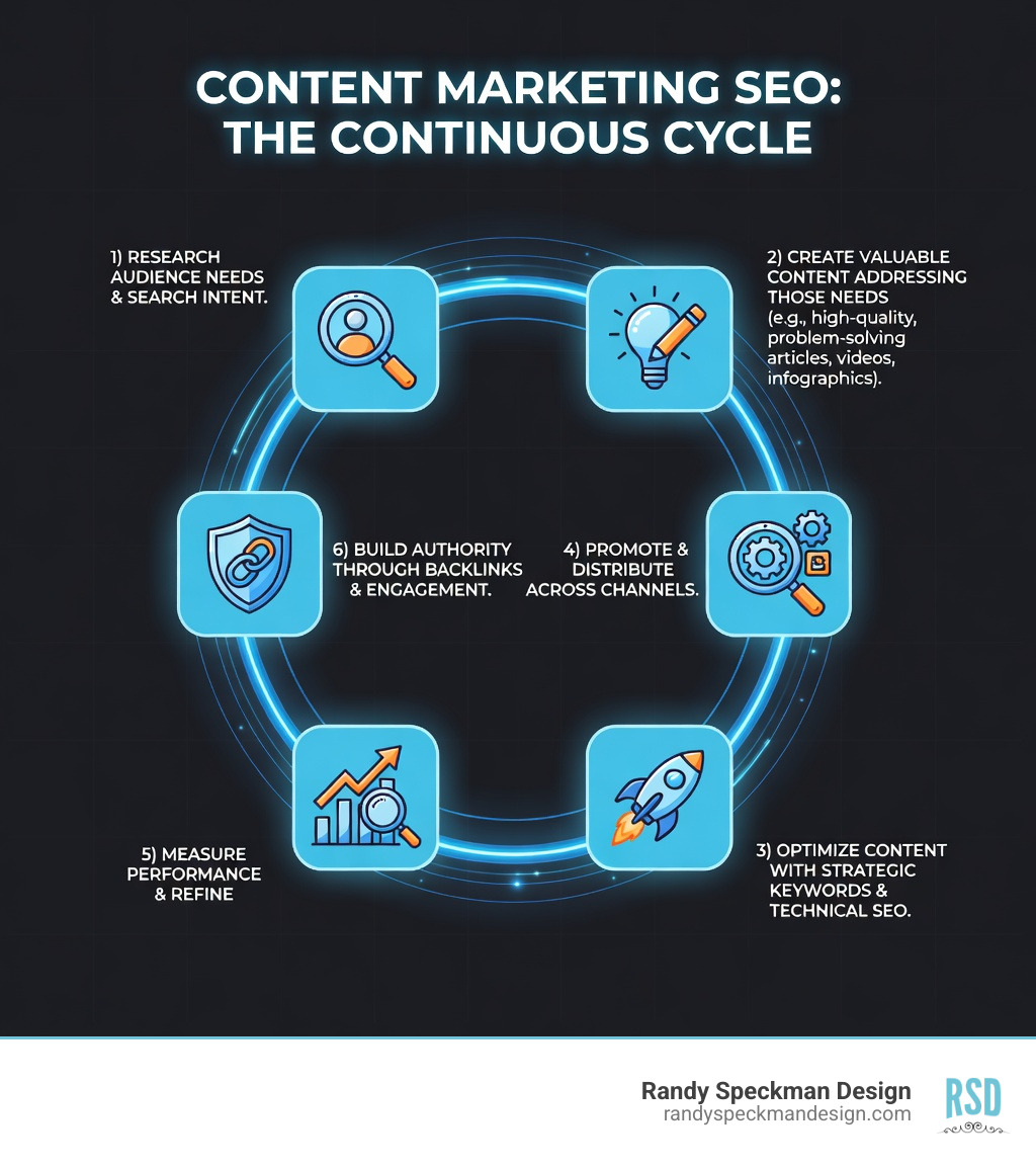 Infographic showing the continuous cycle of Content Marketing SEO: 1) Research audience needs and search intent, 2) Create valuable content addressing those needs, 3) Optimize content with strategic keywords and technical SEO, 4) Promote and distribute across channels, 5) Measure performance and refine, 6) Build authority through backlinks and engagement, which loops back to deeper audience understanding - Content marketing SEO infographic 