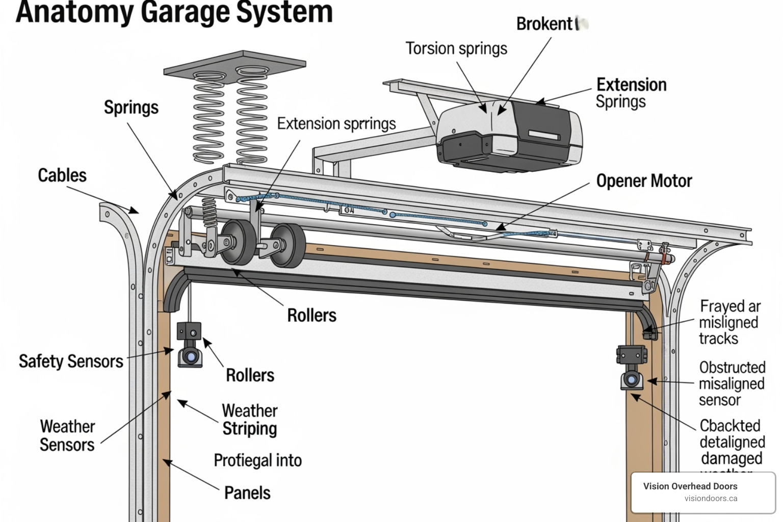 infographic showing the anatomy of a residential garage door system including springs, cables, tracks, rollers, opener motor, safety sensors, weather stripping, and panels with labels for each component and common failure points - residential garage door repair in kelowna, bc infographic showing the anatomy of a residential garage door system including springs, cables, tracks, rollers, opener motor, safety sensors, weather stripping, and panels with labels for each component and common failure points - residential garage door repair in kelowna, bc