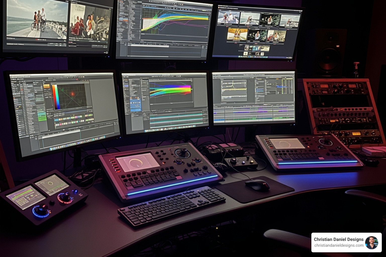 professional color grading suite with high-resolution monitors and specialized control surfaces - professional video editing