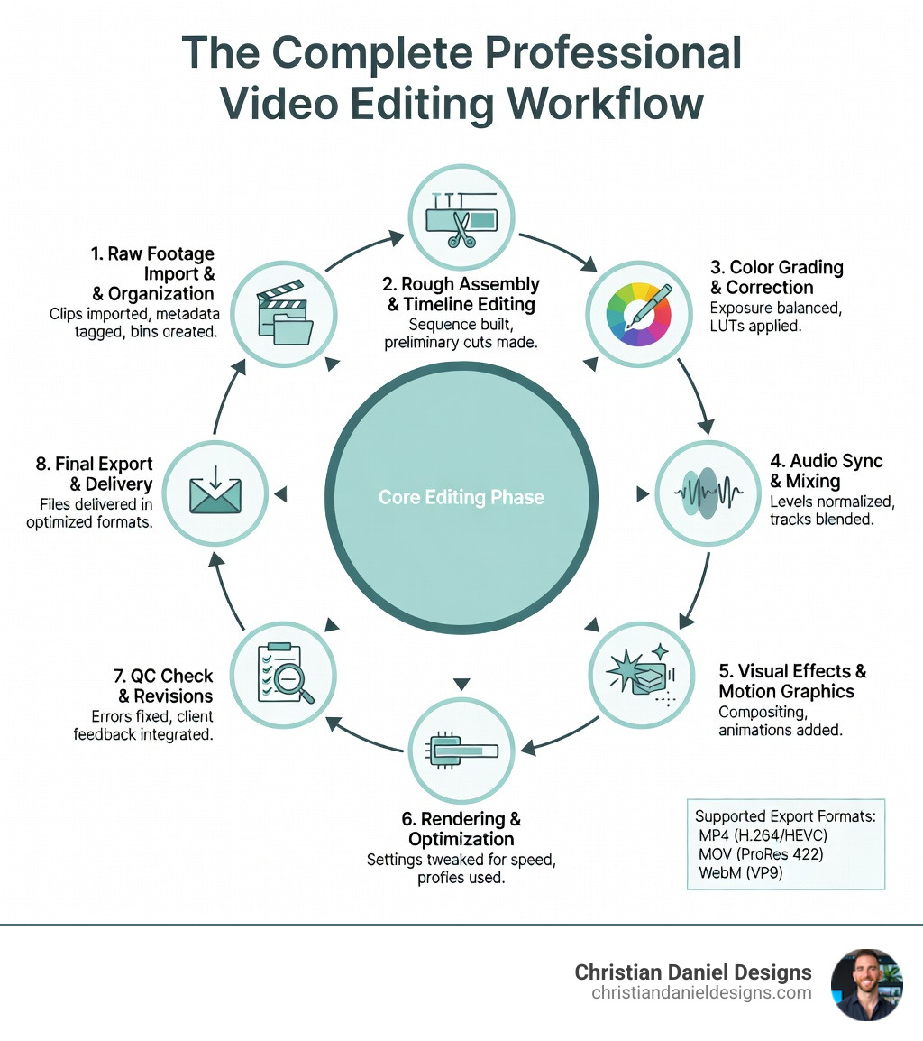 infographic showing the complete professional video editing workflow from raw footage import and organization through editing, color correction, audio mixing, effects integration, rendering optimization, quality control review, and final export delivery with file format options - professional video editing infographic 