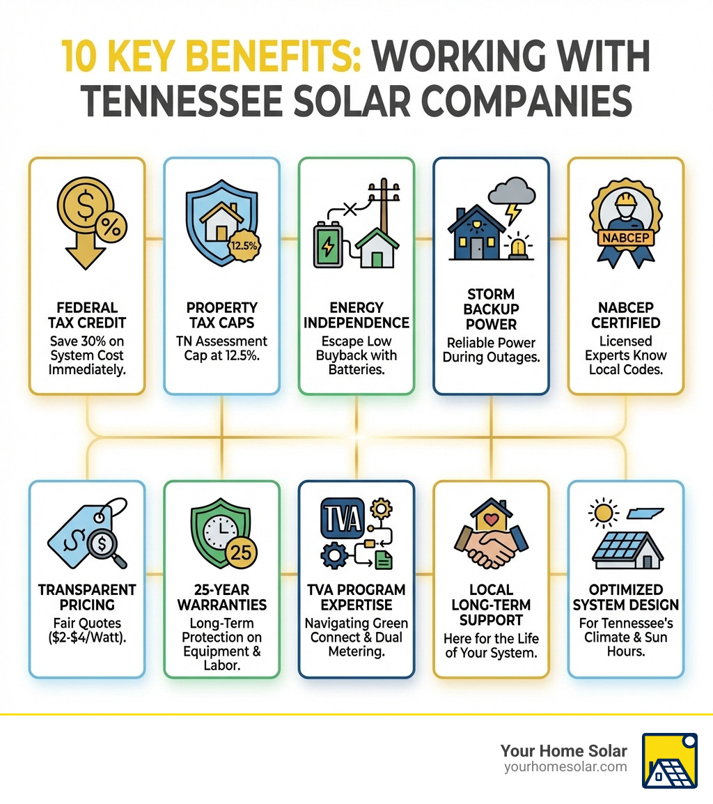 infographic showing 10 key benefits of working with Tennessee solar companies: federal tax credit savings, property tax caps, energy independence through batteries, storm backup power, NABCEP certified installers, transparent pricing, 25-year warranties, TVA program expertise, local long-term support, and optimized system design for Tennessee climate - solar power companies in tennessee infographic infographic showing 10 key benefits of working with Tennessee solar companies: federal tax credit savings, property tax caps, energy independence through batteries, storm backup power, NABCEP certified installers, transparent pricing, 25-year warranties, TVA program expertise, local long-term support, and optimized system design for Tennessee climate - solar power companies in tennessee infographic
