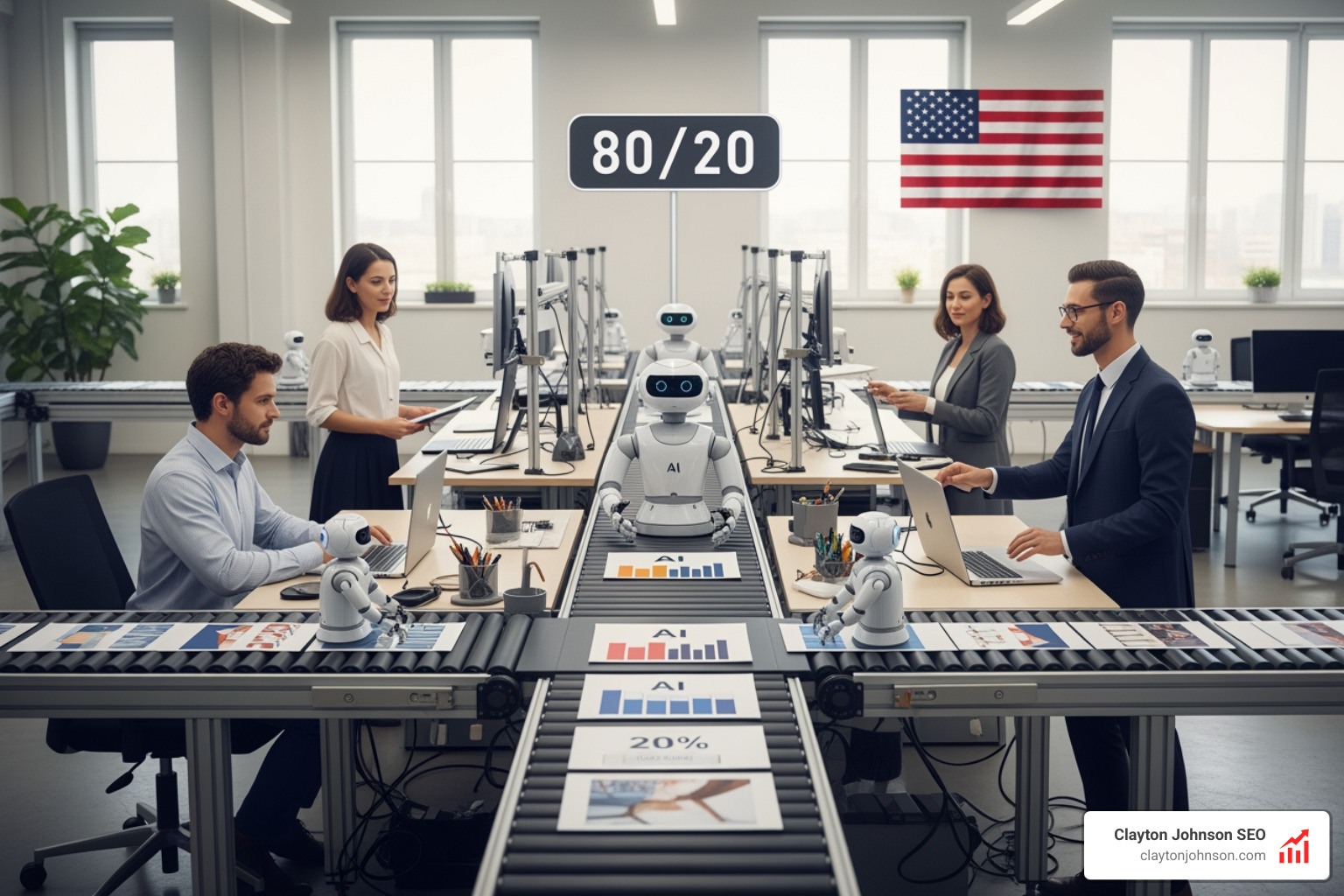 Content assembly line visualization showing the 80/20 split between AI production and human strategic oversight - Setup AI content agency