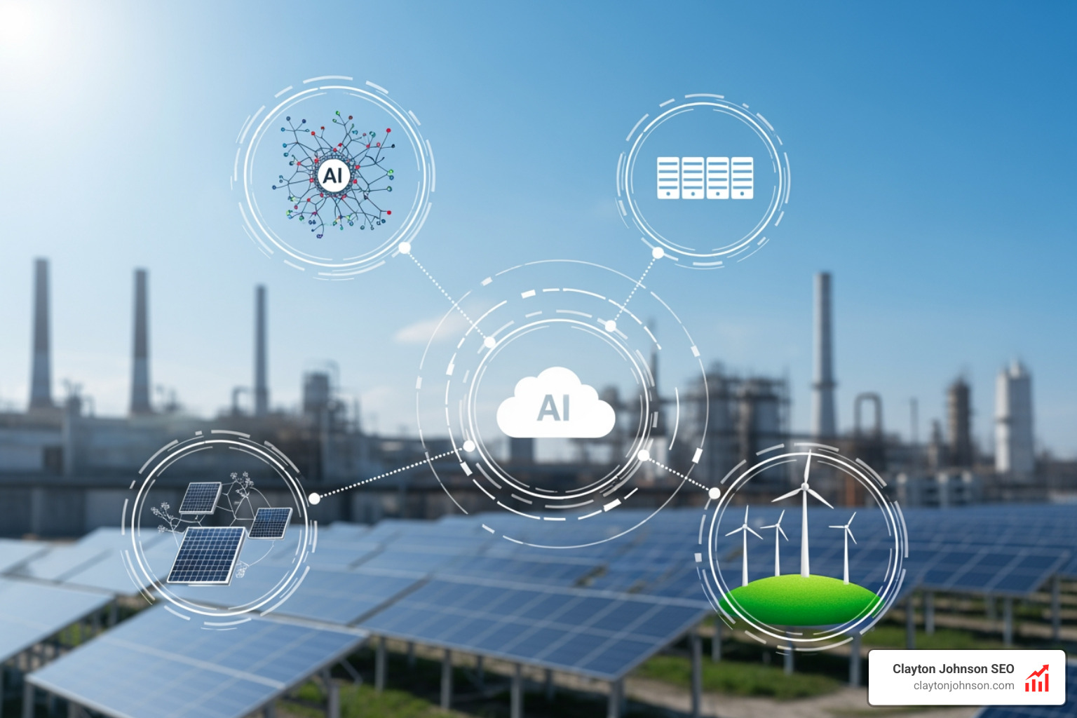 digital transformation in industry showing interconnected icons of AI, cloud computing, and green energy - industry attractiveness PESTLE factors