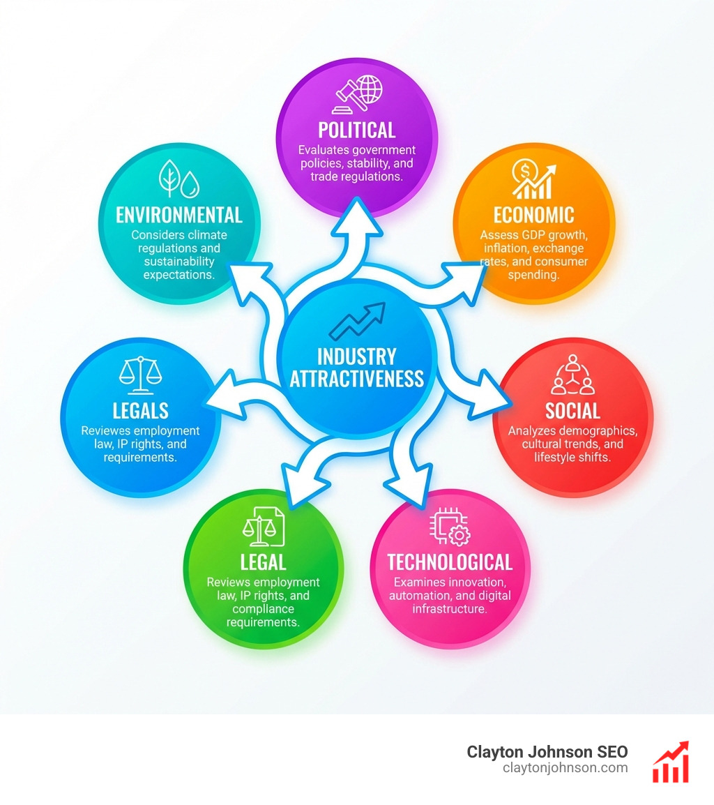 infographic showing the six PESTLE factors arranged in a circular diagram with Political at top, followed clockwise by Economic, Social, Technological, Legal, and Environmental, with arrows connecting each to a central hub labeled Industry Attractiveness, and brief descriptions of what each factor evaluates beneath the factor names - industry attractiveness PESTLE factors infographic 