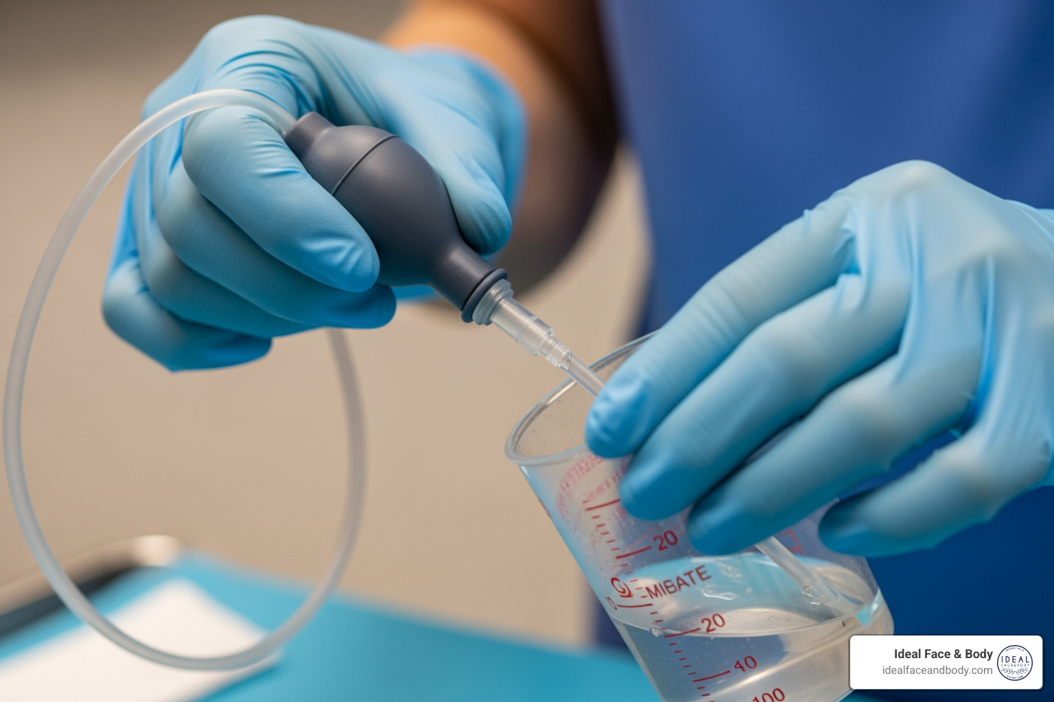 surgical drain bulb being emptied - Tummy tuck incision care surgical drain bulb being emptied - Tummy tuck incision care