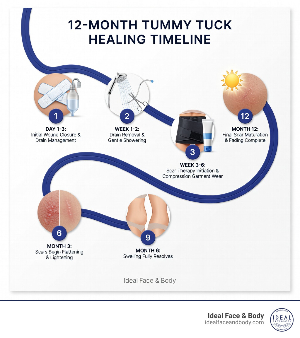 Infographic showing the 12-month tummy tuck healing timeline with key milestones: Day 1-3 initial wound closure and drain management, Week 1-2 drain removal and gentle showering, Week 3-6 scar therapy initiation and compression garment wear, Month 3 scars begin flattening and lightening, Month 6 swelling fully resolves, Month 12 final scar maturation and fading complete - Tummy tuck incision care infographic Infographic showing the 12-month tummy tuck healing timeline with key milestones: Day 1-3 initial wound closure and drain management, Week 1-2 drain removal and gentle showering, Week 3-6 scar therapy initiation and compression garment wear, Month 3 scars begin flattening and lightening, Month 6 swelling fully resolves, Month 12 final scar maturation and fading complete - Tummy tuck incision care infographic
