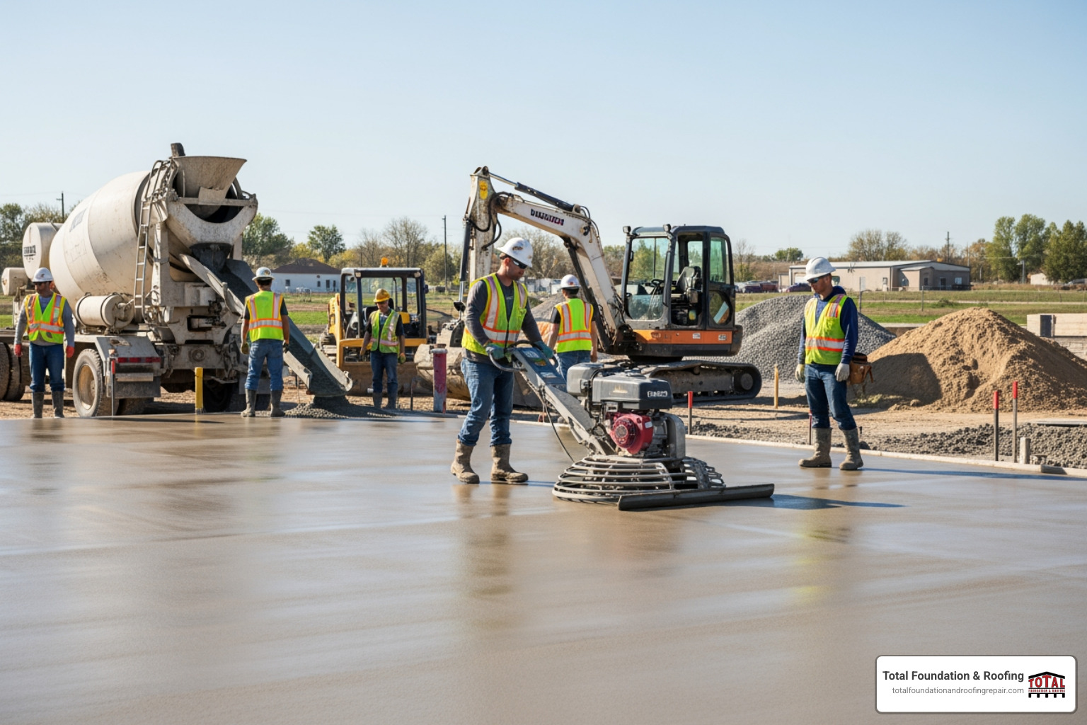 Professional crew leveling a large commercial concrete slab with a power trowel - concrete slab specialists