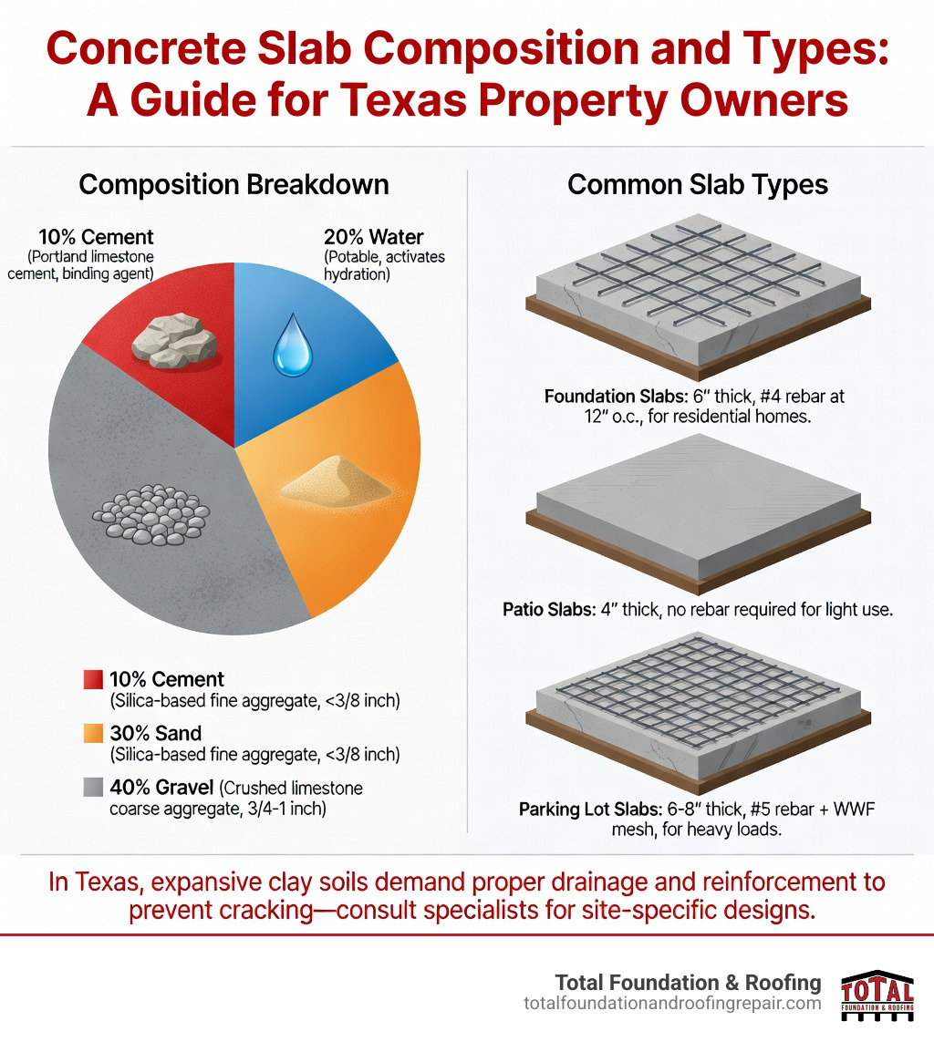 Infographic showing concrete slab composition: 10% cement (limestone-based binding agent), 20% water (activates cement), 30% sand (fine aggregate for smooth finish), 40% gravel (coarse aggregate for strength). Also displays common slab types: foundation slabs 6 inches thick with rebar, patio slabs 4 inches thick, and parking lot slabs 6+ inches thick with heavy reinforcement. - concrete slab specialists infographic 