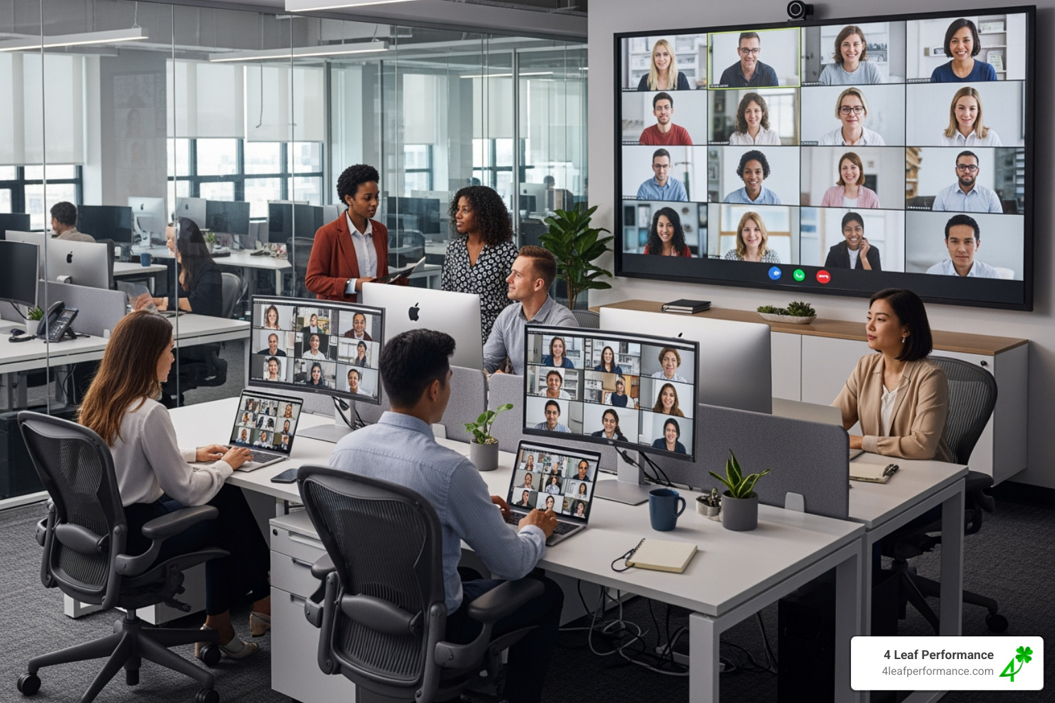 modern office setup with a mix of physical desks and large screens for video calls - virtual leadership training modern office setup with a mix of physical desks and large screens for video calls - virtual leadership training