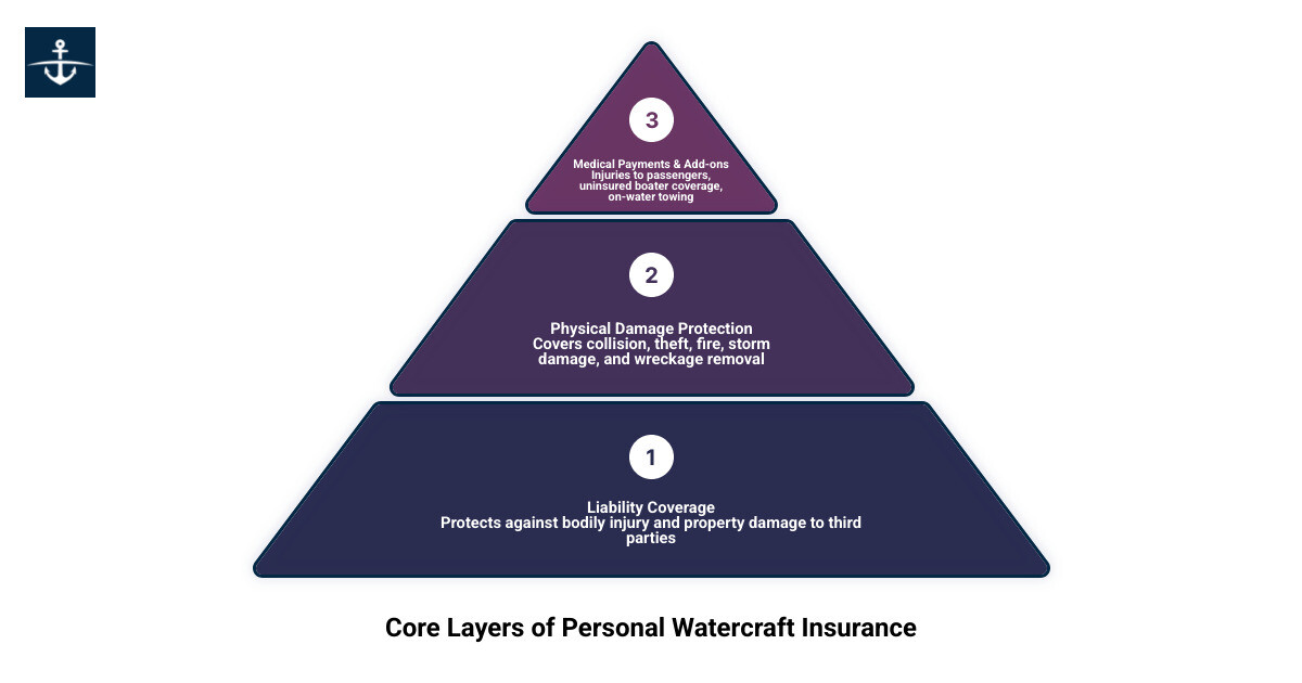 Infographic showing the core layers of personal watercraft insurance: liability coverage at the base, physical damage protection in the middle layer, medical payments and uninsured boater coverage above, and optional coverages like towing and personal property replacement at the top, with common emotions listed on the side including racing, night operation, and performance modifications - personal watercraft policy infographic 3_stage_pyramid Infographic showing the core layers of personal watercraft insurance: liability coverage at the base, physical damage protection in the middle layer, medical payments and uninsured boater coverage above, and optional coverages like towing and personal property replacement at the top, with common emotions listed on the side including racing, night operation, and performance modifications - personal watercraft policy infographic 3_stage_pyramid