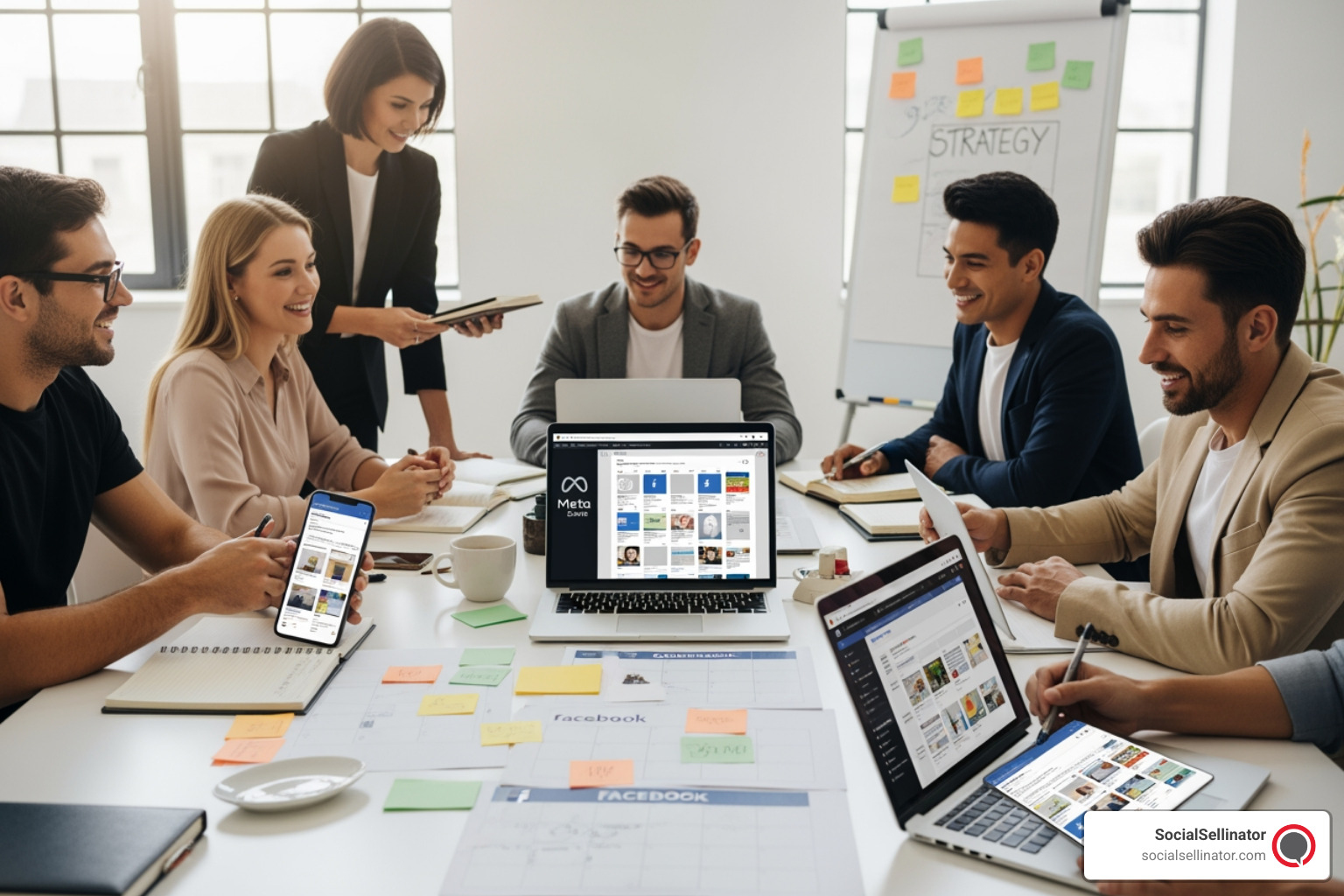 Social media team planning Facebook content - facebook social media manager