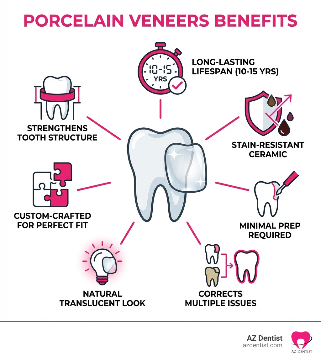 Infographic showing porcelain veneers benefits: 10-15 year lifespan, stain-resistant ceramic material, minimal tooth preparation required, corrects multiple cosmetic issues simultaneously, natural translucent appearance, custom-crafted for perfect fit, strengthens tooth structure when bonded - Porcelain veneers Glendale infographic Infographic showing porcelain veneers benefits: 10-15 year lifespan, stain-resistant ceramic material, minimal tooth preparation required, corrects multiple cosmetic issues simultaneously, natural translucent appearance, custom-crafted for perfect fit, strengthens tooth structure when bonded - Porcelain veneers Glendale infographic