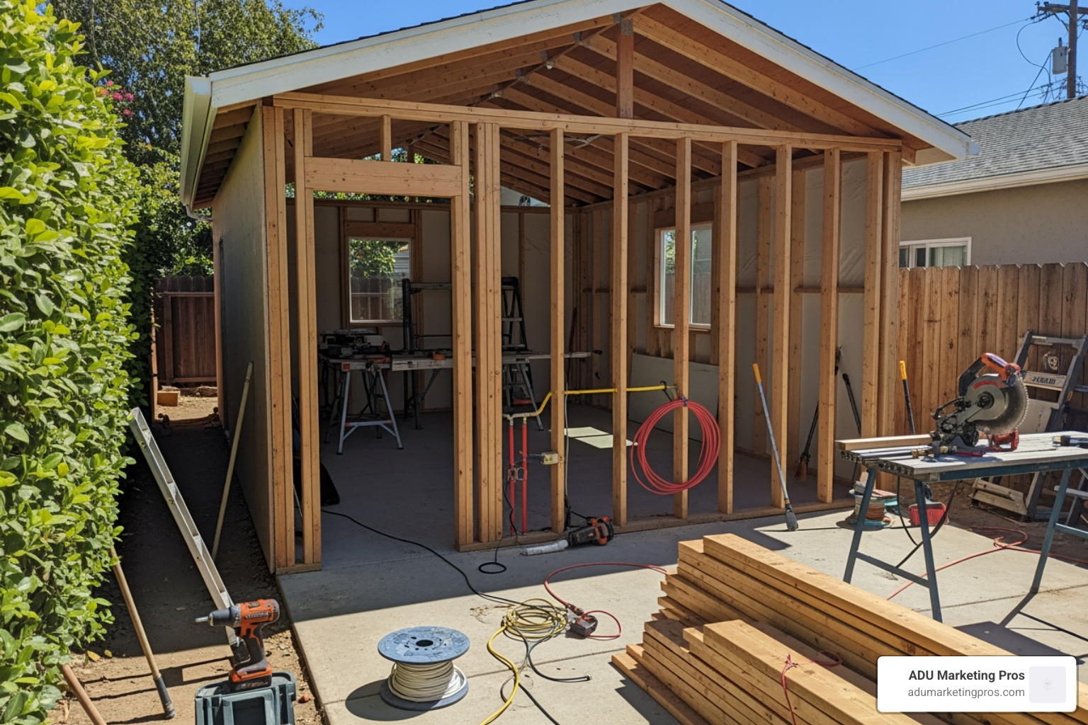garage conversion in progress showing framing and utility rough-ins for a new adu - city of san diego adu