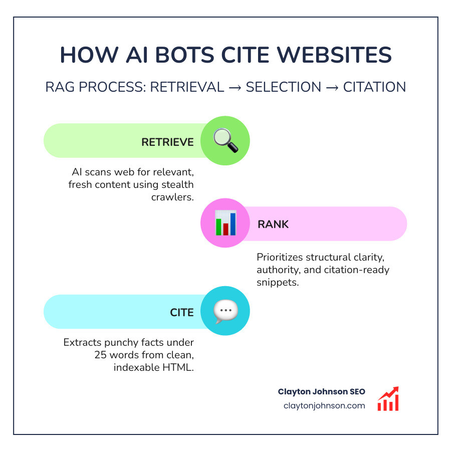 Infographic on RAG (Retrieval-Augmented Generation) and how AI bots choose which websites to cite based on structure, relevance, and authority - Perplexity for growth hacking infographic infographic-line-3-steps-colors