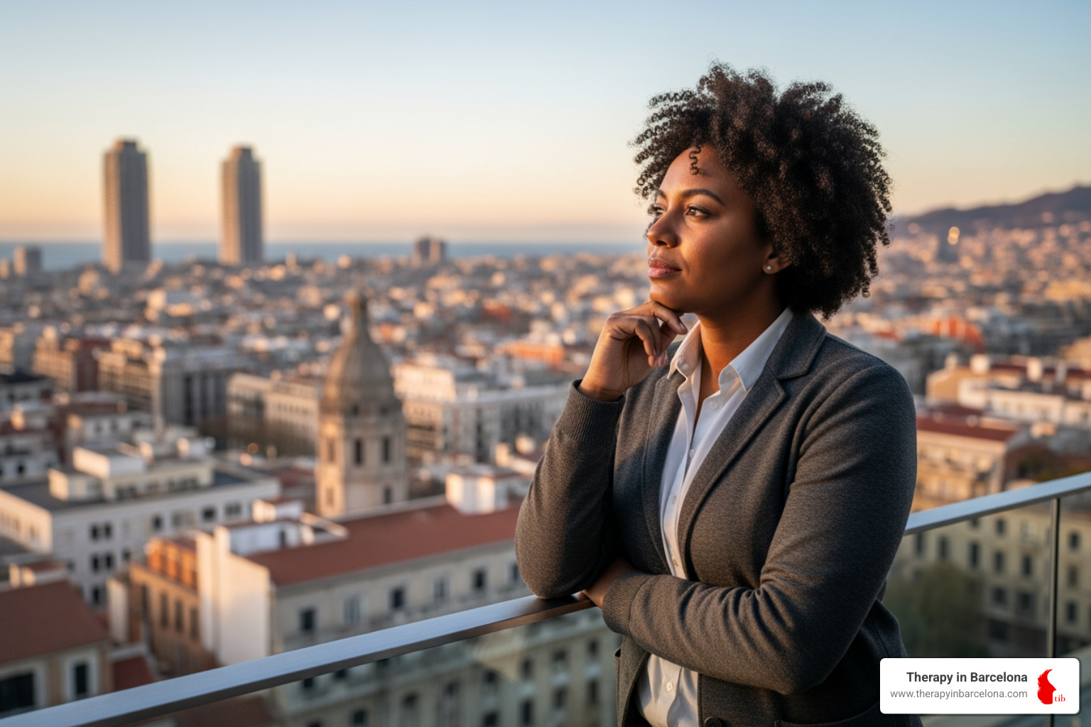 Professional looking at the Barcelona city skyline, contemplating their expat career journey - expat career coaching