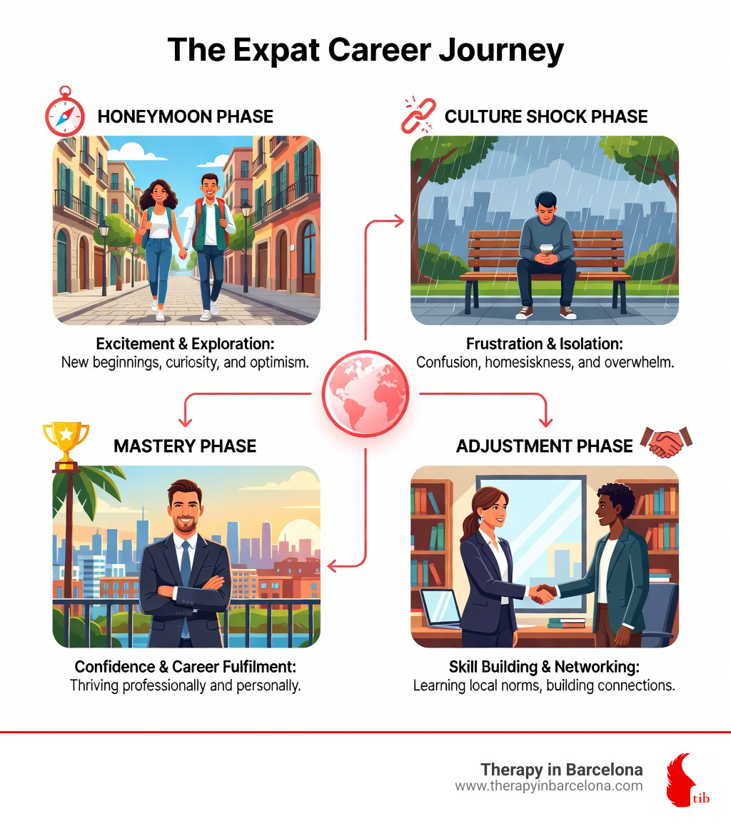 Infographic showing the stages of expat career adjustment: honeymoon phase with excitement and exploration, culture shock phase with frustration and isolation, adjustment phase with skill building and networking, and mastery phase with confidence and career fulfilment - expat career coaching infographic 