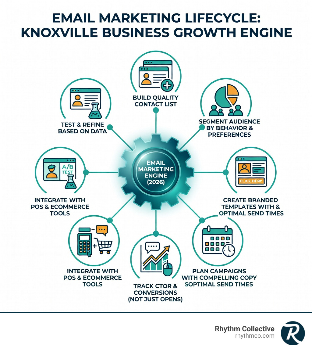 infographic showing email marketing process: build quality contact list, segment audience by behavior and preferences, create branded templates with clear CTAs, plan campaigns with compelling copy and optimal send times, track CTOR and conversions not just opens, integrate with POS and ecommerce tools, test and refine based on data - email marketing Knoxville infographic infographic showing email marketing process: build quality contact list, segment audience by behavior and preferences, create branded templates with clear CTAs, plan campaigns with compelling copy and optimal send times, track CTOR and conversions not just opens, integrate with POS and ecommerce tools, test and refine based on data - email marketing Knoxville infographic