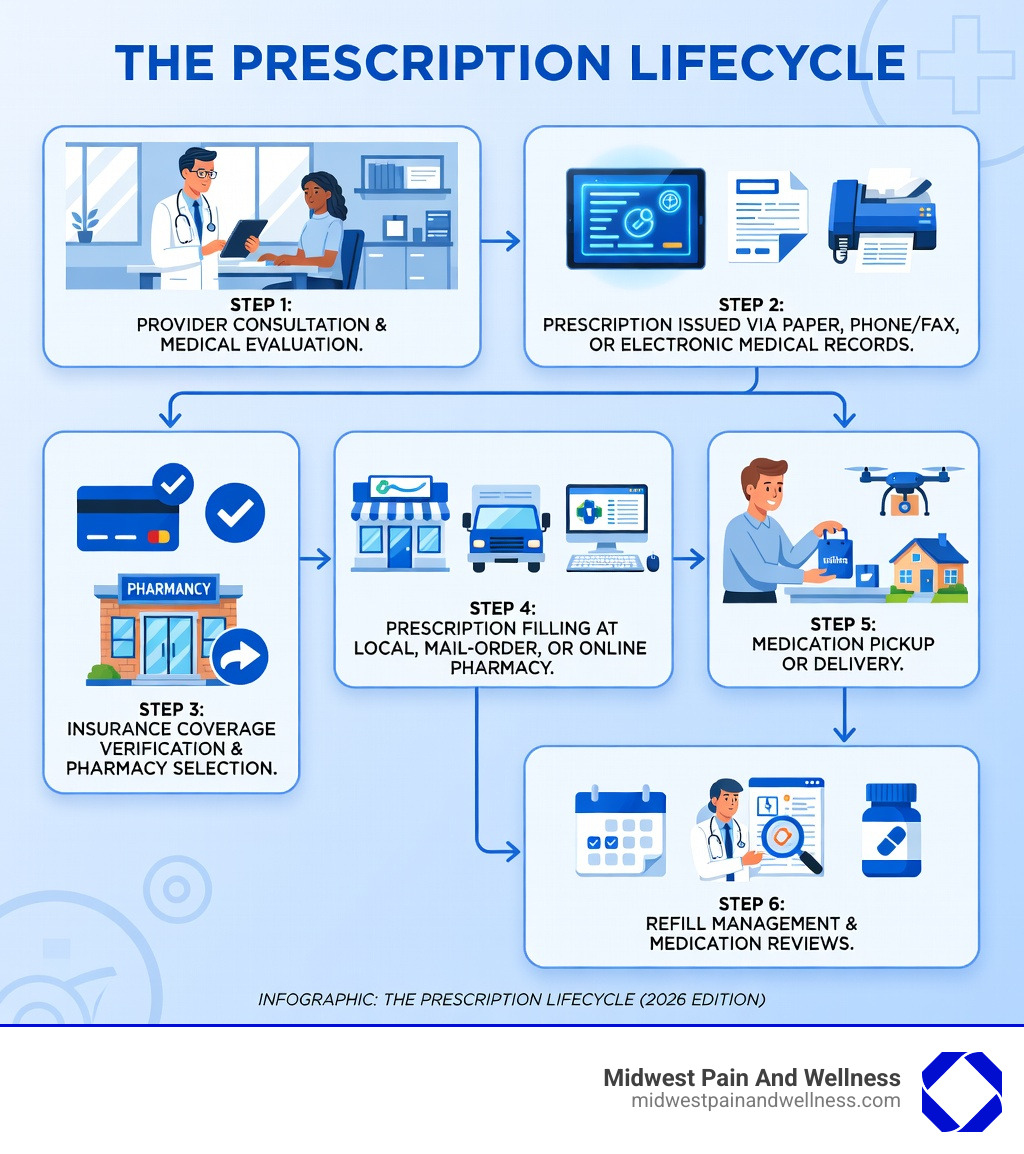 Infographic showing the complete prescription lifecycle: Step 1 - Provider consultation and medical evaluation; Step 2 - Prescription issued via paper, phone/fax, or electronic medical records; Step 3 - Insurance coverage verification and pharmacy selection; Step 4 - Prescription filling at local, mail-order, or online pharmacy; Step 5 - Medication pickup or delivery; Step 6 - Refill management and medication reviews - how to get prescription infographic Infographic showing the complete prescription lifecycle: Step 1 - Provider consultation and medical evaluation; Step 2 - Prescription issued via paper, phone/fax, or electronic medical records; Step 3 - Insurance coverage verification and pharmacy selection; Step 4 - Prescription filling at local, mail-order, or online pharmacy; Step 5 - Medication pickup or delivery; Step 6 - Refill management and medication reviews - how to get prescription infographic