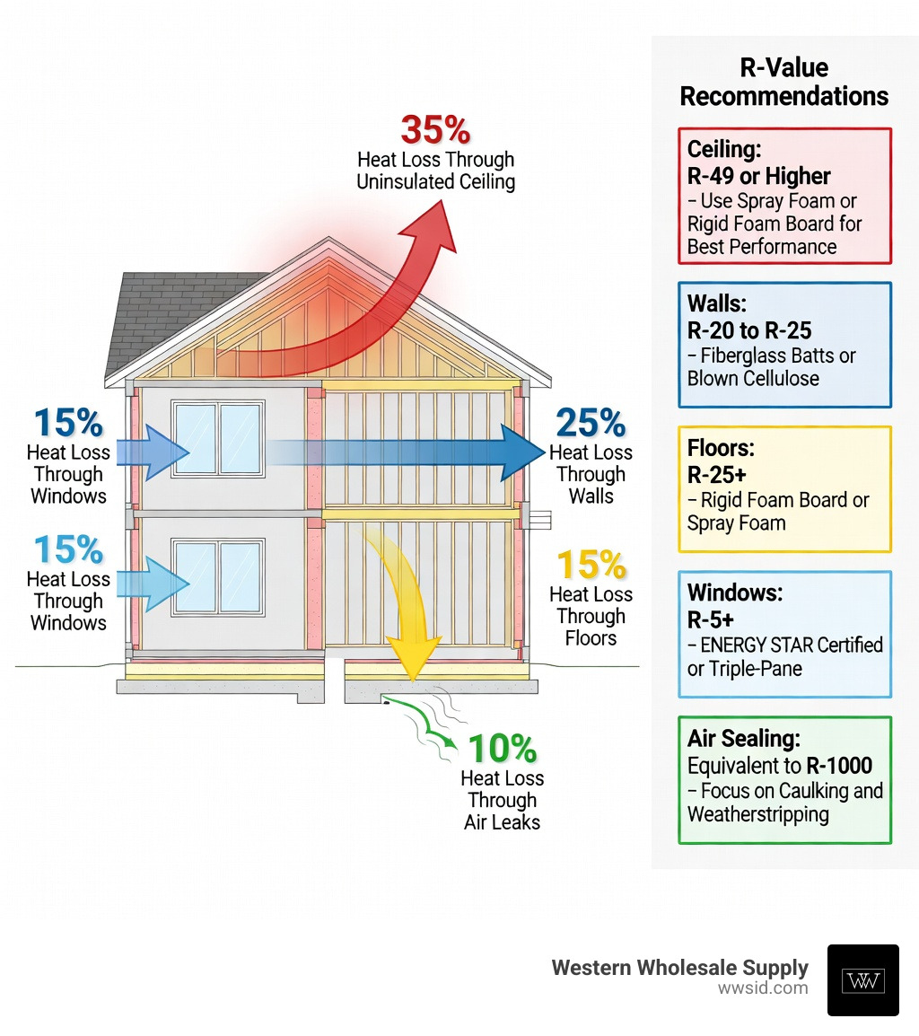 infographic showing heat loss percentages through different building components: 35% through uninsulated ceiling, 25% through walls, 15% through floors, 15% through windows, and 10% through air leaks, with R-value recommendations for each area - building insulation materials infographic infographic showing heat loss percentages through different building components: 35% through uninsulated ceiling, 25% through walls, 15% through floors, 15% through windows, and 10% through air leaks, with R-value recommendations for each area - building insulation materials infographic