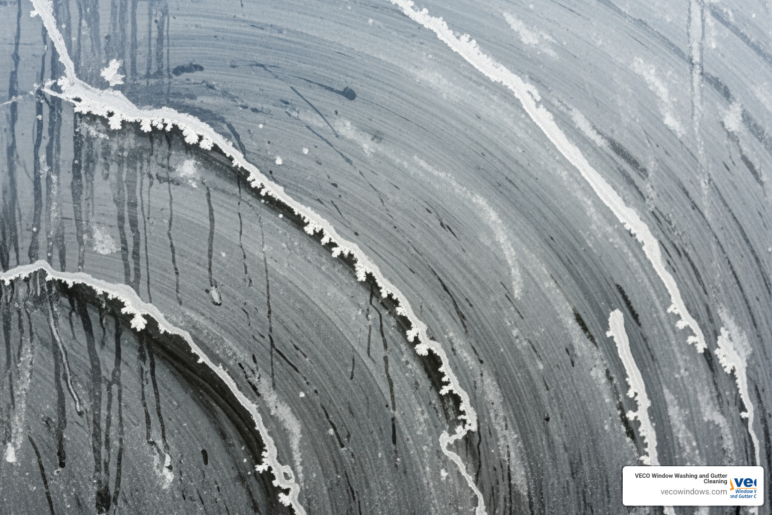 A close-up of a streaky window pane showing mineral deposits and evaporation marks - streak free window cleaning