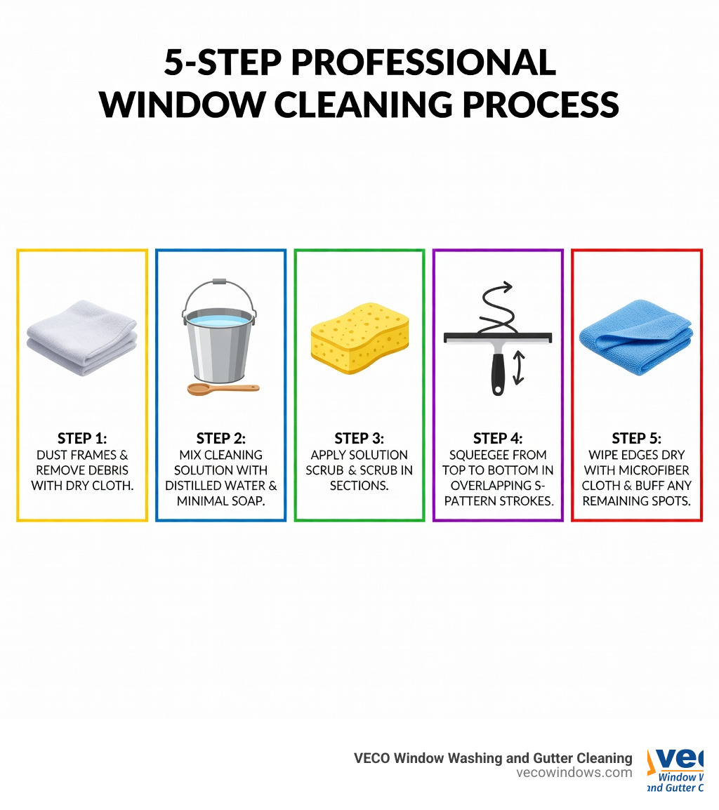 Infographic showing the 5-step professional window cleaning process: Step 1 - Dust frames and remove debris with dry cloth, Step 2 - Mix cleaning solution with distilled water and minimal soap, Step 3 - Apply solution and scrub in sections, Step 4 - Squeegee from top to bottom in overlapping S-pattern strokes, Step 5 - Wipe edges dry with microfiber cloth and buff any remaining spots - streak free window cleaning infographic 