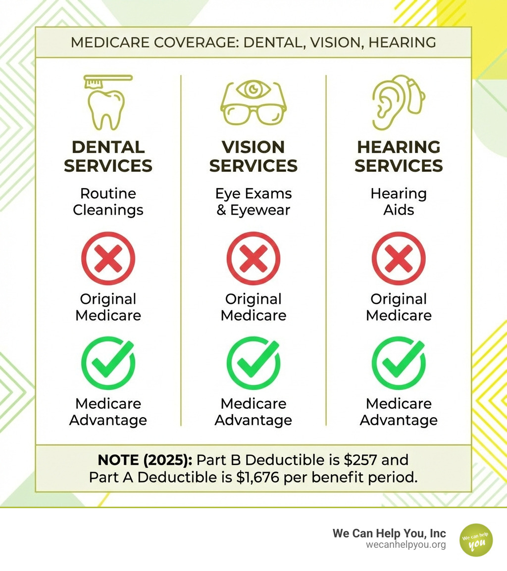 infographic showing three columns: Dental Services (routine cleanings marked with red X under Original Medicare, green checkmark under Medicare Advantage), Vision Services (eye exams and eyewear marked with red X under Original Medicare, green checkmark under Medicare Advantage), and Hearing Services (hearing aids marked with red X under Original Medicare, green checkmark under Medicare Advantage), with a note at bottom stating Part B deductible is $257 in 2025 and Part A deductible is $1,676 per benefit period - dental vision hearing medicare infographic 