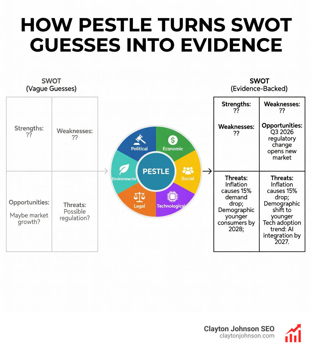 infographic showing how PESTLE turns SWOT Opportunities and Threats from guesses into evidence: left side a SWOT grid with vague notes, middle a PESTLE wheel (Political, Economic, Social, Technological, Legal, Environmental) feeding data, right side a SWOT grid with specific, measurable insights like regulatory change timelines, inflation impacts on demand, demographic shifts, and technology adoption trends - why use PESTLE framework infographic infographic showing how PESTLE turns SWOT Opportunities and Threats from guesses into evidence: left side a SWOT grid with vague notes, middle a PESTLE wheel (Political, Economic, Social, Technological, Legal, Environmental) feeding data, right side a SWOT grid with specific, measurable insights like regulatory change timelines, inflation impacts on demand, demographic shifts, and technology adoption trends - why use PESTLE framework infographic