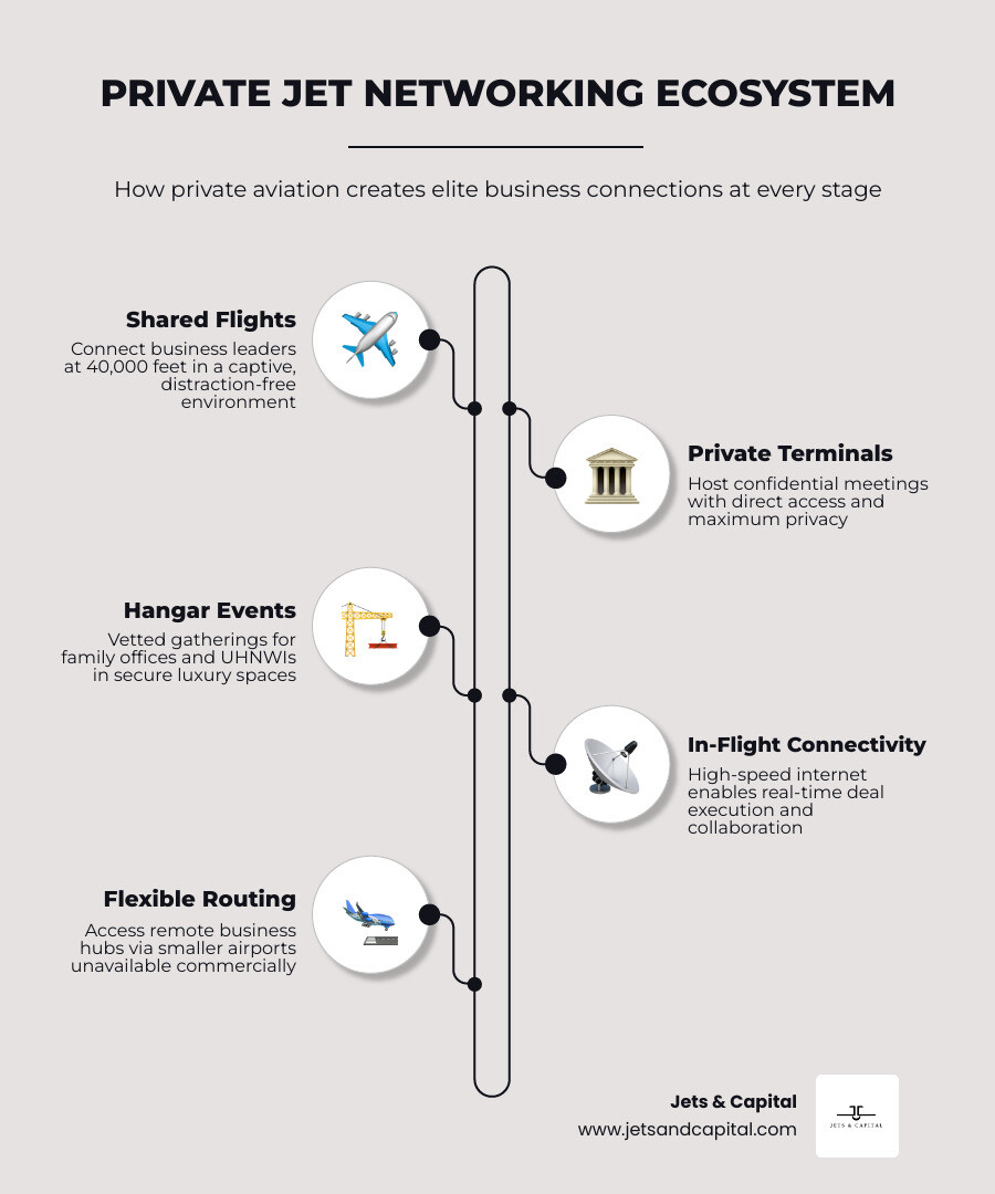 Infographic showing the private jet networking ecosystem: shared flights connecting business leaders at 40,000 feet, private terminals offering confidential meeting spaces, hangar events hosting vetted family offices and UHNWIs, in-flight connectivity enabling real-time deal execution, and flexible routing accessing remote business hubs unavailable via commercial aviation - private jet networking infographic infographic-line-5-steps-elegant_beige