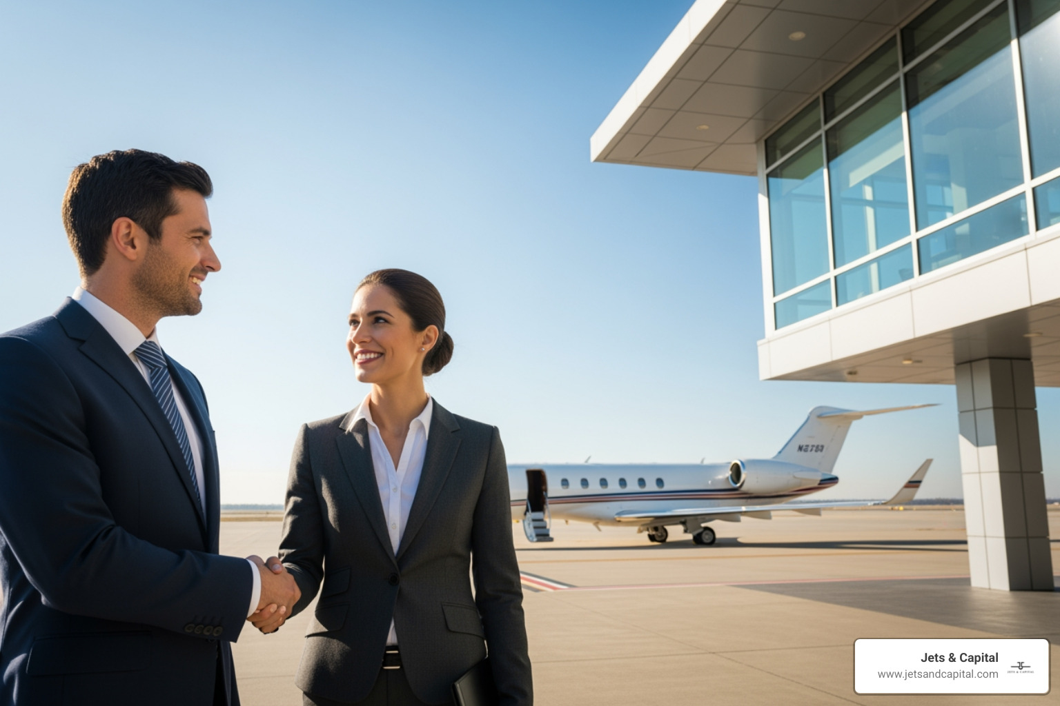 executives shaking hands outside a private terminal - private jet networking