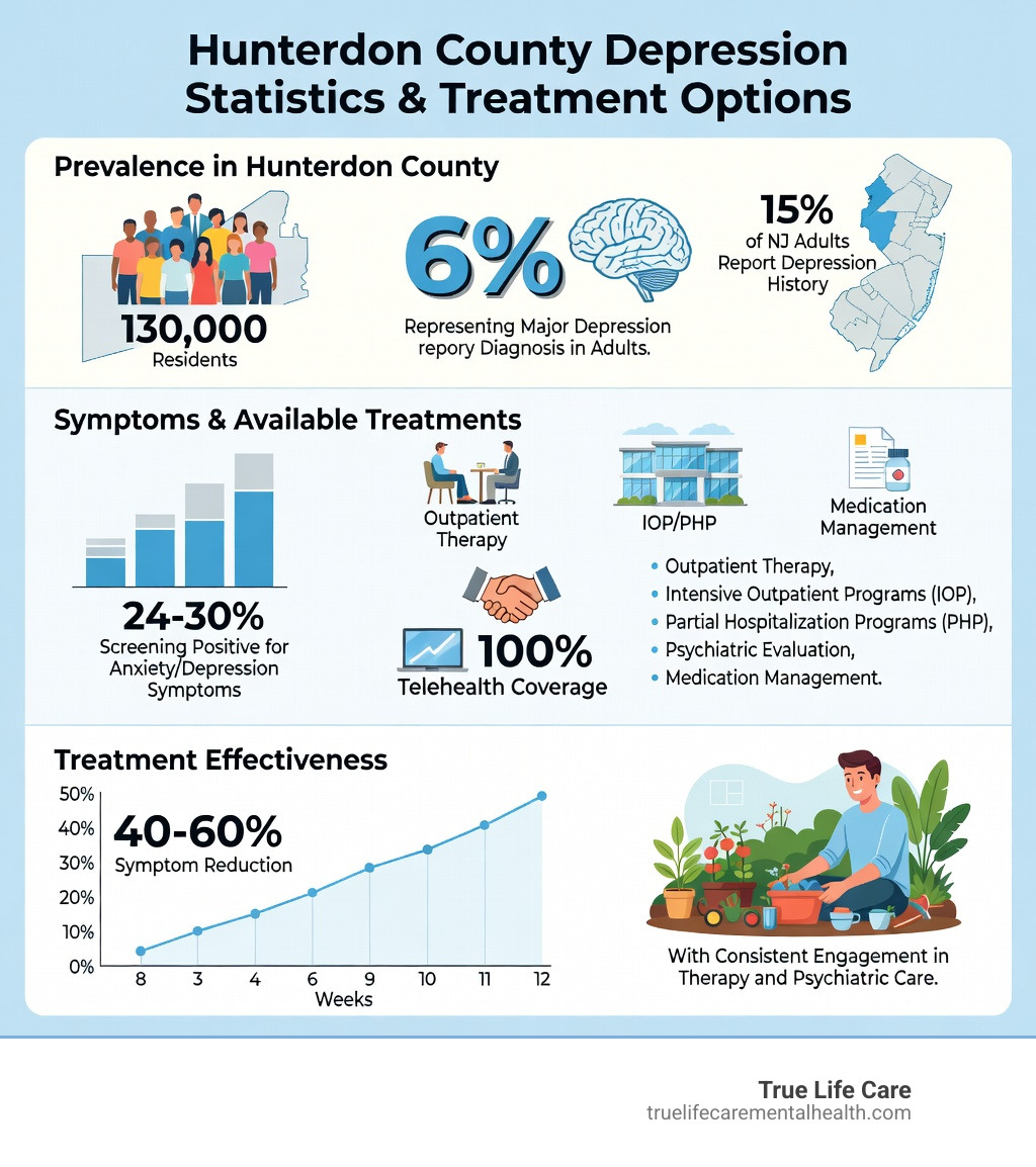 Infographic showing Hunterdon County depression statistics: 130,000 population, 6% adults with major depression diagnosis, 15% NJ adults with depression history, 24-30% screening positive for anxiety/depression symptoms, treatment options including outpatient therapy, IOP, PHP, psychiatric care, and medication management, with 100% telehealth coverage and 40-60% symptom reduction in 8-12 weeks - Depression Treatment in Hunterdon County NJ infographic 