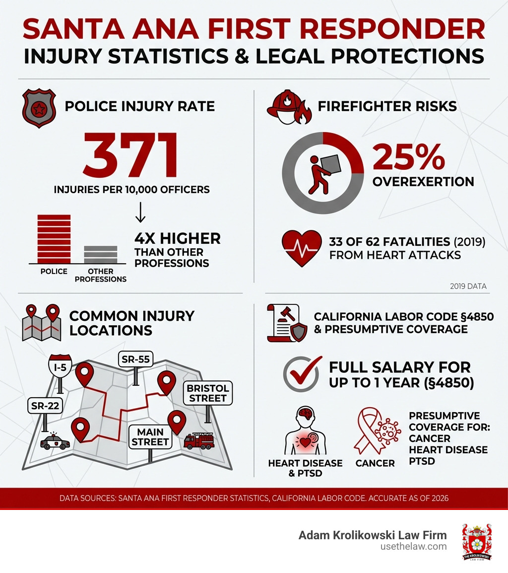 Infographic showing Santa Ana first responder injury statistics: 371 injuries per 10,000 police officers (4x higher than other professions), 25% of firefighter injuries from overexertion, 33 of 62 firefighter fatalities in 2019 from heart attacks, common injury locations including I-5, SR-55, SR-22, Bristol Street, and Main Street, with California Labor Code §4850 providing full salary for up to 1 year and presumptive coverage for cancer, heart disease, and PTSD - police and firefighter injury lawyer infographic Infographic showing Santa Ana first responder injury statistics: 371 injuries per 10,000 police officers (4x higher than other professions), 25% of firefighter injuries from overexertion, 33 of 62 firefighter fatalities in 2019 from heart attacks, common injury locations including I-5, SR-55, SR-22, Bristol Street, and Main Street, with California Labor Code §4850 providing full salary for up to 1 year and presumptive coverage for cancer, heart disease, and PTSD - police and firefighter injury lawyer infographic