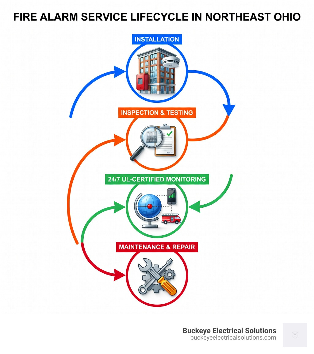 Infographic showing fire alarm service components in Northeast Ohio: at the top, Installation (hardwired systems with manual pull stations and automatic detectors); in the middle, Inspection & Testing (annual NFPA 72 compliance and sensitivity checks); below that, 24/7 UL-Certified Monitoring (redundant cellular and internet paths with direct fire department dispatch); and at the bottom, Maintenance & Repair (emergency service and parts replacement). Arrows connect each component showing the complete lifecycle of fire alarm service. - fire alarm service northeast ohio infographic Infographic showing fire alarm service components in Northeast Ohio: at the top, Installation (hardwired systems with manual pull stations and automatic detectors); in the middle, Inspection & Testing (annual NFPA 72 compliance and sensitivity checks); below that, 24/7 UL-Certified Monitoring (redundant cellular and internet paths with direct fire department dispatch); and at the bottom, Maintenance & Repair (emergency service and parts replacement). Arrows connect each component showing the complete lifecycle of fire alarm service. - fire alarm service northeast ohio infographic