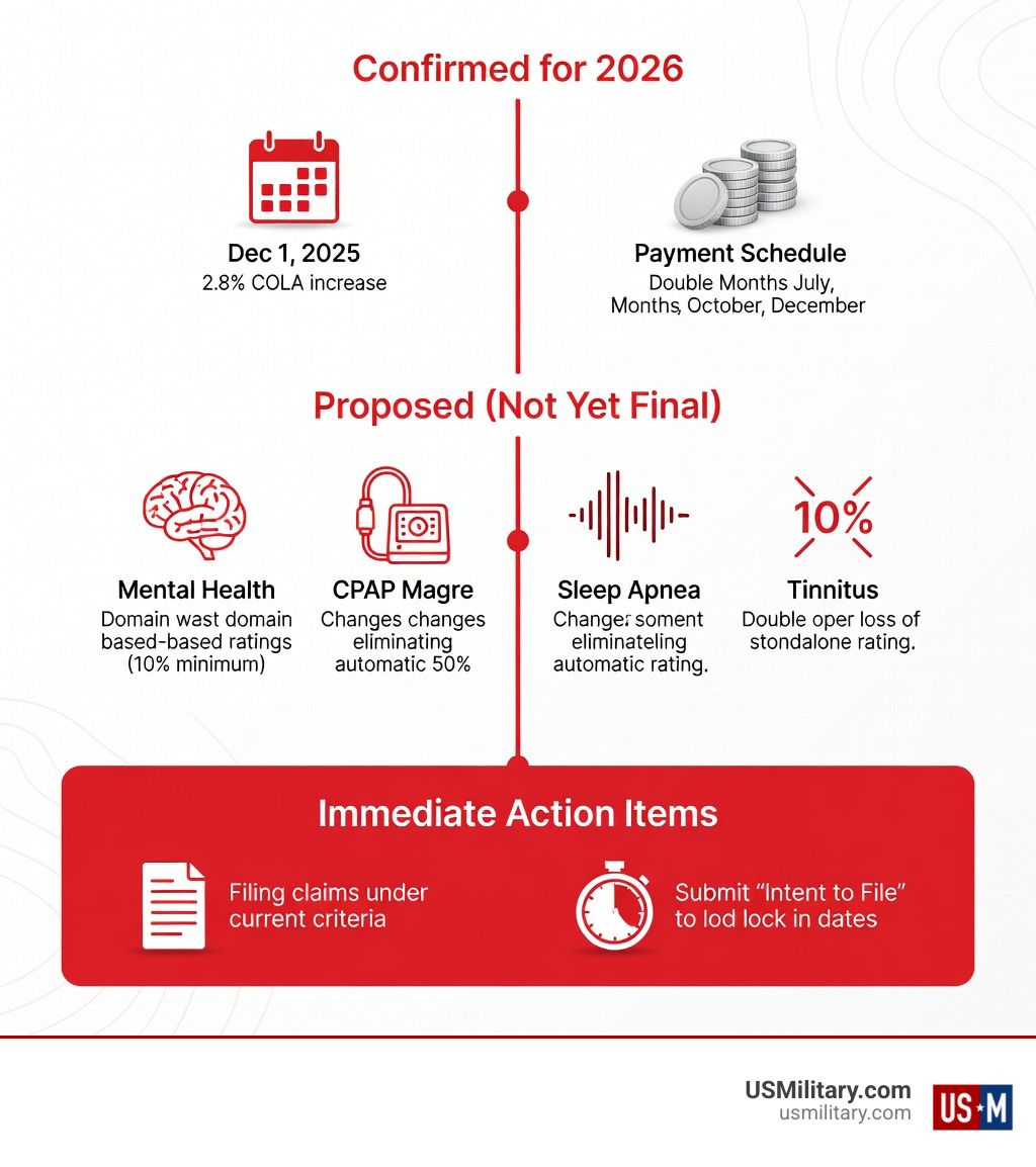 infographic showing timeline of 2026 VA disability changes including COLA effective date December 1 2025, payment schedule with double months, proposed rating changes projected for late 2026, and immediate action items for veterans - va disability changes in 2026 infographic 