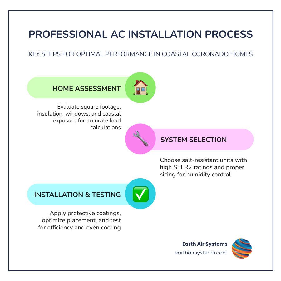 infographic showing professional ac installation process including home assessment, system selection, coastal protection measures, proper sizing calculation, professional installation steps, and post-installation testing - best ac installation in coronado, ca infographic infographic-line-3-steps-colors