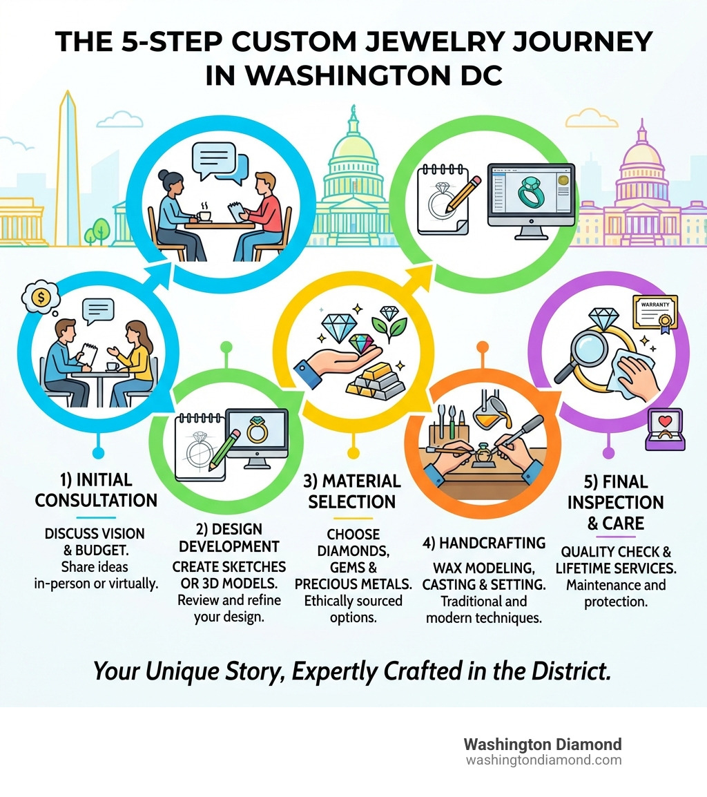 Infographic showing the 5-step custom jewelry journey in Washington DC: 1) Initial consultation to discuss vision and budget, 2) Design development with sketches or 3) Material selection including diamonds and precious metals, 4) Handcrafting through wax modeling, casting, and setting, 5) Final inspection and lifetime care services - custom jewelry Washington DC infographic Infographic showing the 5-step custom jewelry journey in Washington DC: 1) Initial consultation to discuss vision and budget, 2) Design development with sketches or 3) Material selection including diamonds and precious metals, 4) Handcrafting through wax modeling, casting, and setting, 5) Final inspection and lifetime care services - custom jewelry Washington DC infographic