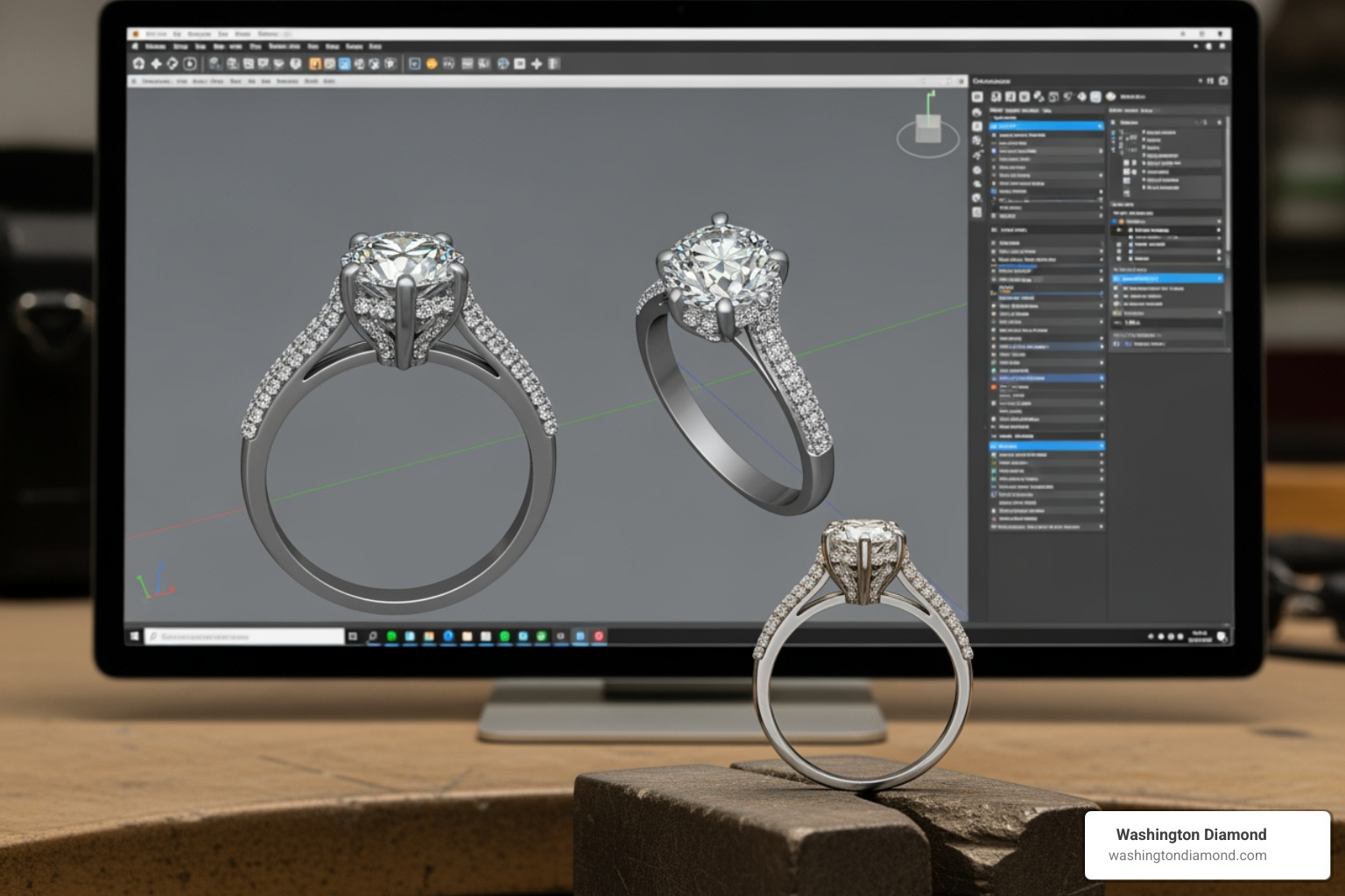 A detailed 3D CAD jewelry model on a computer screen shown next to the finished physical diamond ring - custom jewelry Washington DC A detailed 3D CAD jewelry model on a computer screen shown next to the finished physical diamond ring - custom jewelry Washington DC