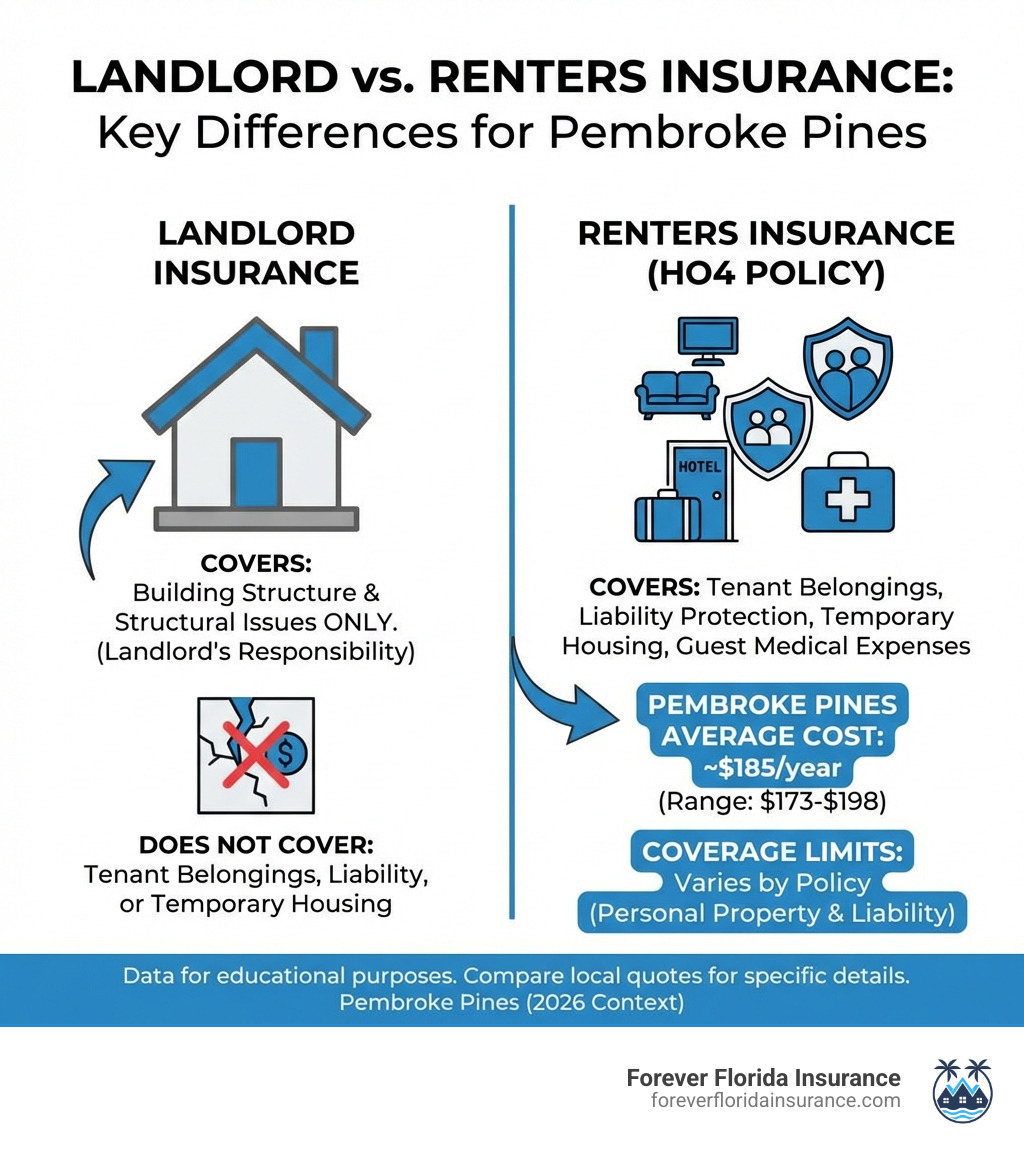 infographic showing the key differences between landlord insurance covering only building structure and renters insurance covering tenant belongings, liability protection, temporary housing, and guest medical expenses, with average costs and coverage limits for Pembroke Pines - renters insurance pembroke pines infographic infographic showing the key differences between landlord insurance covering only building structure and renters insurance covering tenant belongings, liability protection, temporary housing, and guest medical expenses, with average costs and coverage limits for Pembroke Pines - renters insurance pembroke pines infographic
