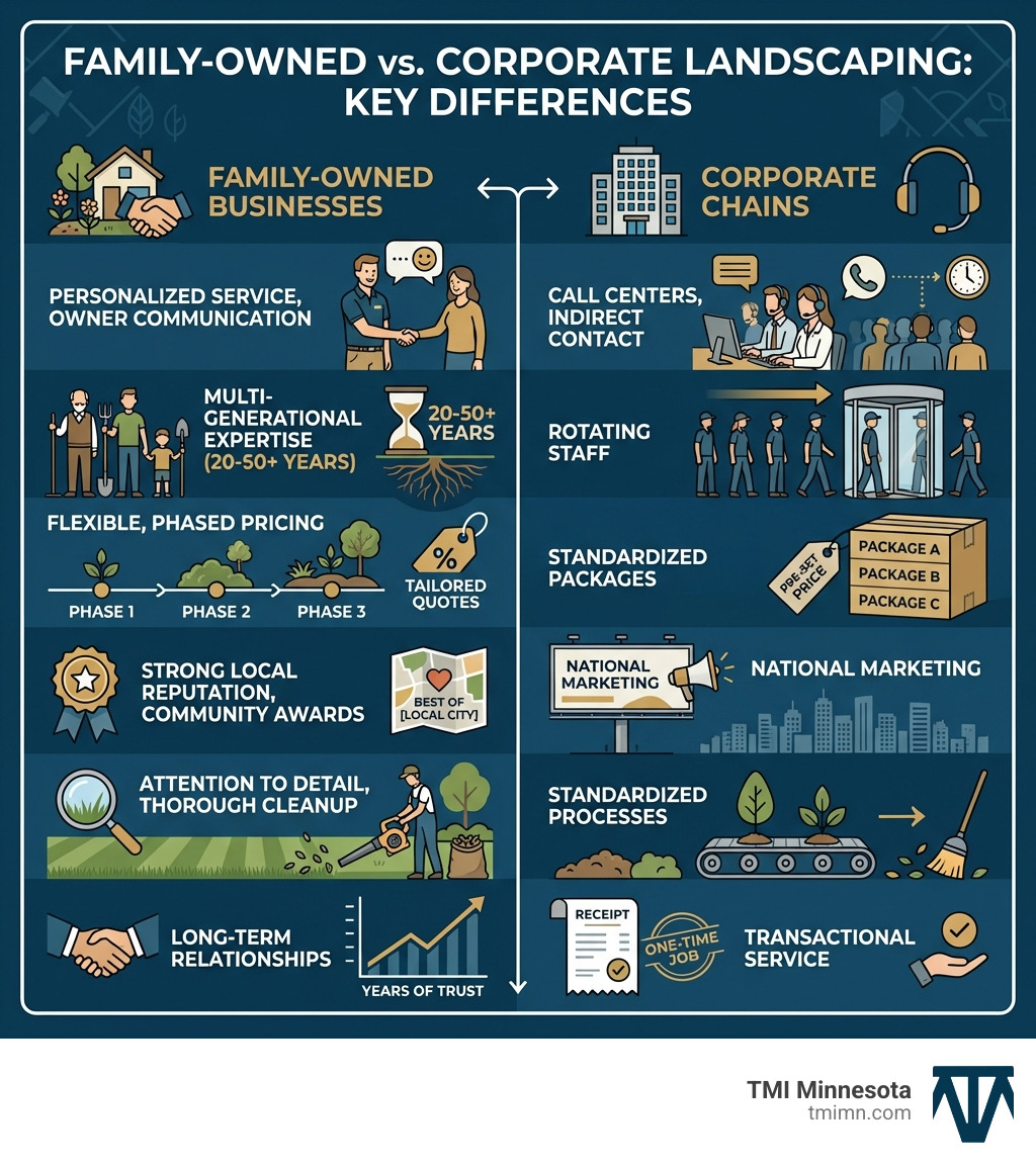 Infographic comparing family-owned landscaping businesses to corporate chains showing key differences: personalized service with direct owner communication vs call centers, multi-generational expertise spanning 20-50 years vs rotating staff, flexible phased pricing vs corporate packages, strong local reputation with community awards vs national marketing, attention to detail with thorough cleanup vs standardized processes, and long-term customer relationships vs transactional service - family owned landscaping business near me infographic Infographic comparing family-owned landscaping businesses to corporate chains showing key differences: personalized service with direct owner communication vs call centers, multi-generational expertise spanning 20-50 years vs rotating staff, flexible phased pricing vs corporate packages, strong local reputation with community awards vs national marketing, attention to detail with thorough cleanup vs standardized processes, and long-term customer relationships vs transactional service - family owned landscaping business near me infographic