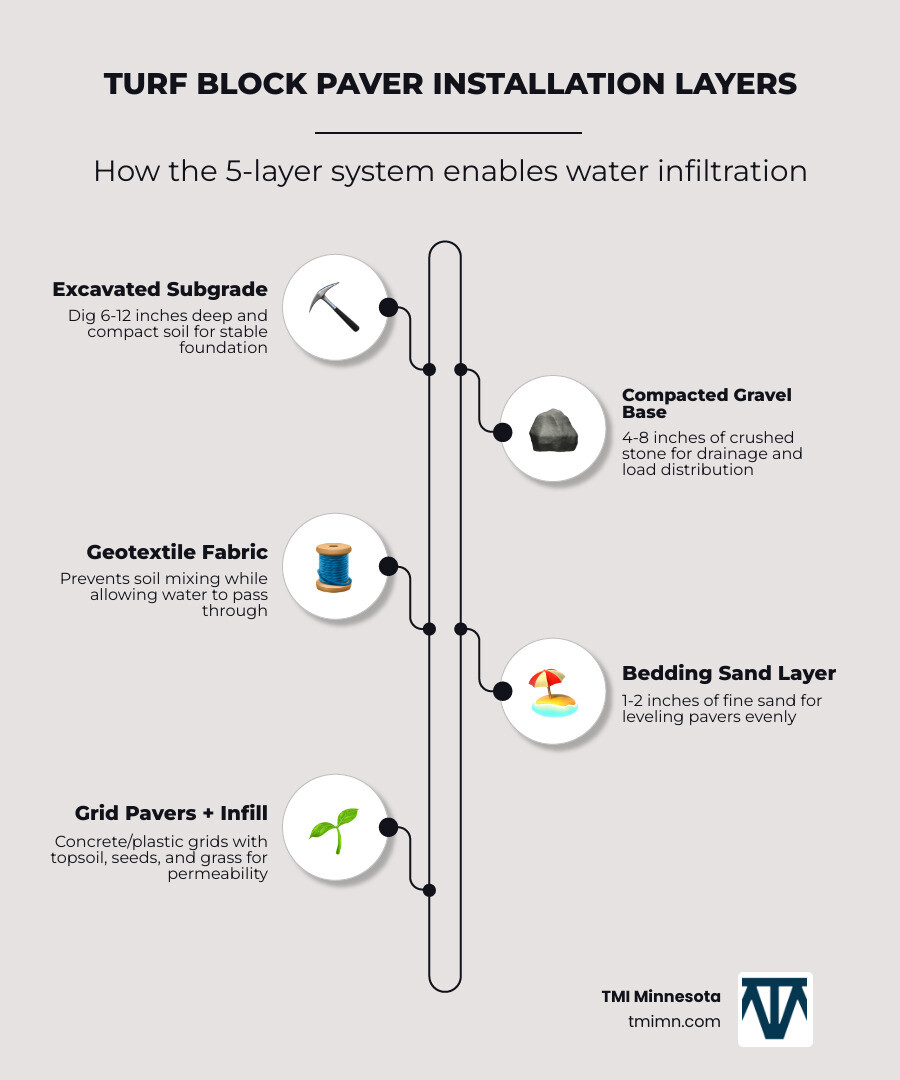Infographic showing the layered installation of turf block pavers: excavated subgrade at bottom, compacted gravel base layer, geotextile fabric barrier, bedding sand layer, concrete grid pavers, topsoil infill, and established grass growing through the open cells with arrows indicating water infiltration through each layer - turf block pavers infographic infographic-line-5-steps-elegant_beige Infographic showing the layered installation of turf block pavers: excavated subgrade at bottom, compacted gravel base layer, geotextile fabric barrier, bedding sand layer, concrete grid pavers, topsoil infill, and established grass growing through the open cells with arrows indicating water infiltration through each layer - turf block pavers infographic infographic-line-5-steps-elegant_beige