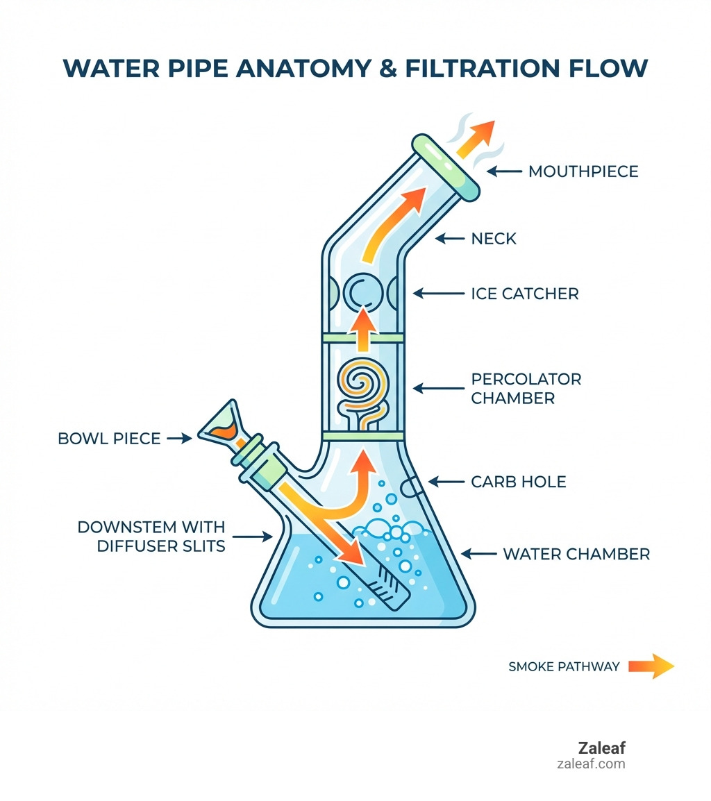 infographic showing water pipe anatomy with labeled parts including mouthpiece, neck, ice catcher, percolator chamber, water chamber, downstem with diffuser slits, bowl piece, and carb hole, plus arrows showing smoke flow path through water filtration - water pipes infographic 