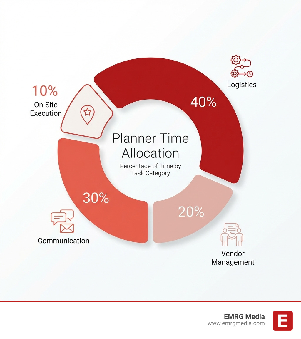 Infographic showing the percentage of a planner's time spent on various tasks: 30% communication, 40% logistics, 20% vendor management, 10% on-site execution - event coordinator price list infographic Infographic showing the percentage of a planner's time spent on various tasks: 30% communication, 40% logistics, 20% vendor management, 10% on-site execution - event coordinator price list infographic