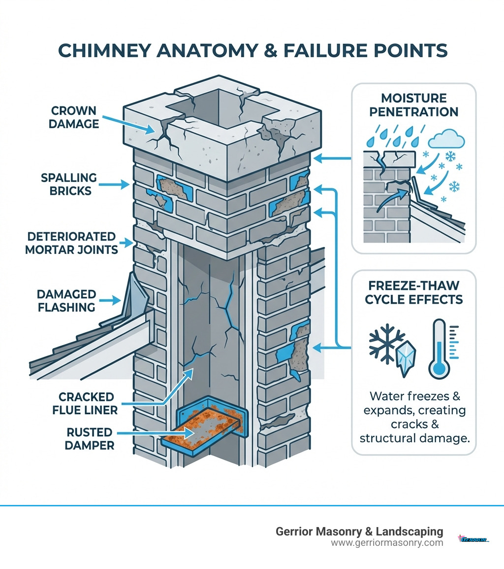 infographic showing chimney anatomy with labeled failure points including crown damage, spalling bricks, deteriorated mortar joints, damaged flashing, cracked flue liner, and rusted damper, with notes on freeze-thaw cycle effects and moisture penetration - Chimney repair Reading MA infographic 