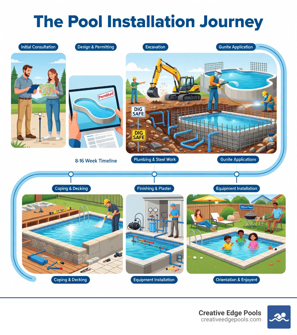 infographic showing the pool installation journey from initial consultation through design, permitting, excavation, construction phases including plumbing and steel work, gunite application, finishing with coping and plaster, equipment installation, and final orientation with homeowner enjoying completed pool - pool installation nh infographic 