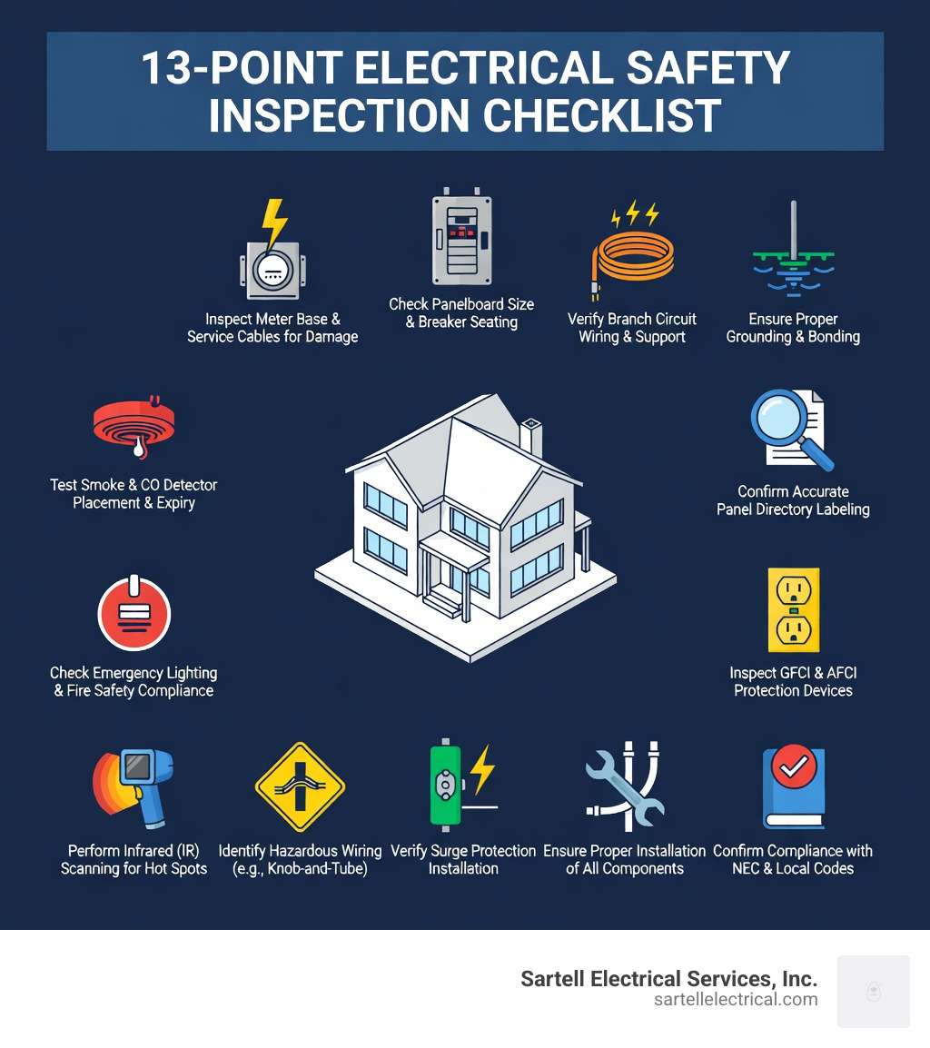 infographic showing the 13-point electrical safety inspection checklist - Expert electrical safety inspection infographic 