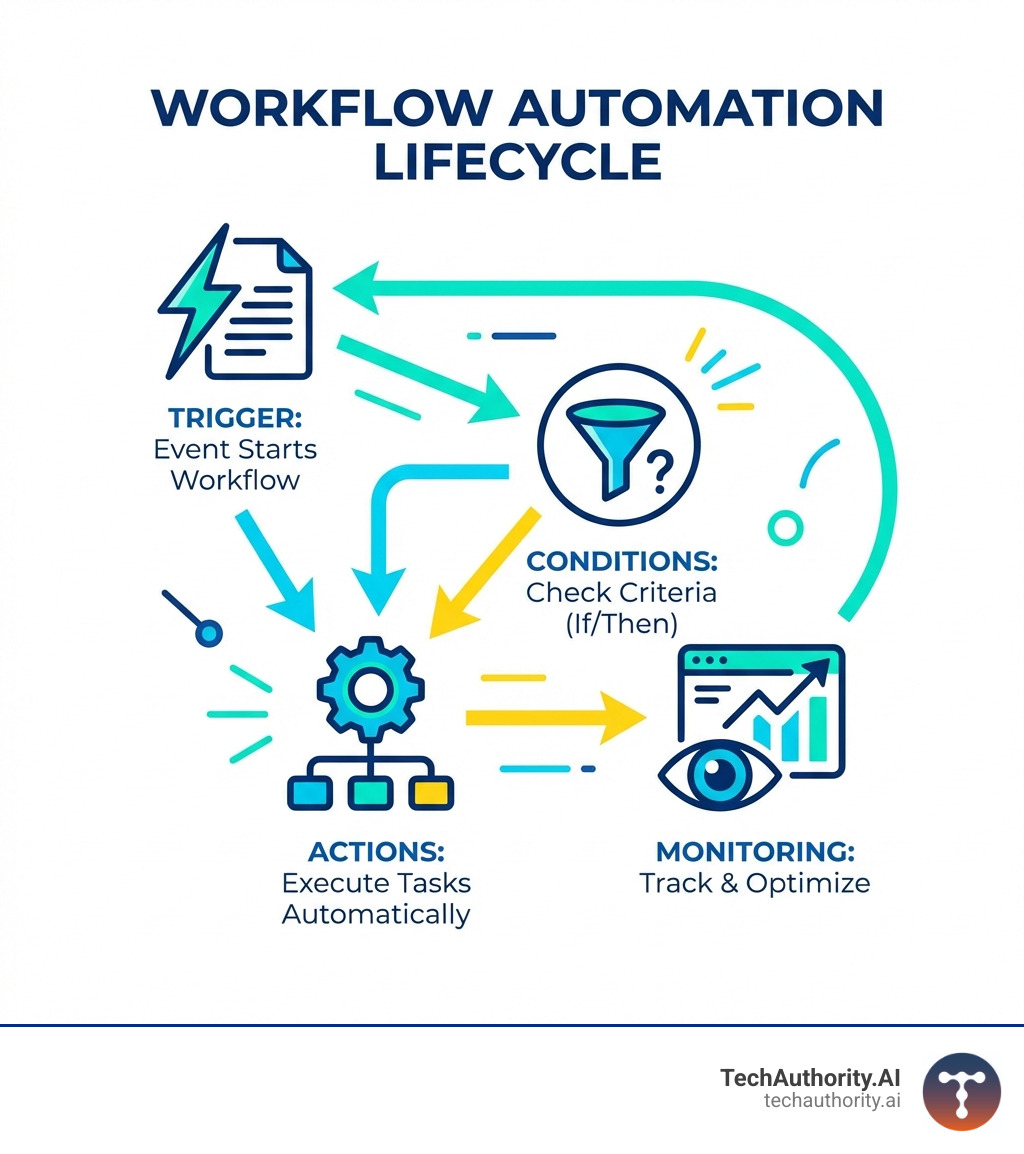 workflow automation lifecycle infographic showing triggers, conditions, actions, and monitoring - workflow automation infographic 