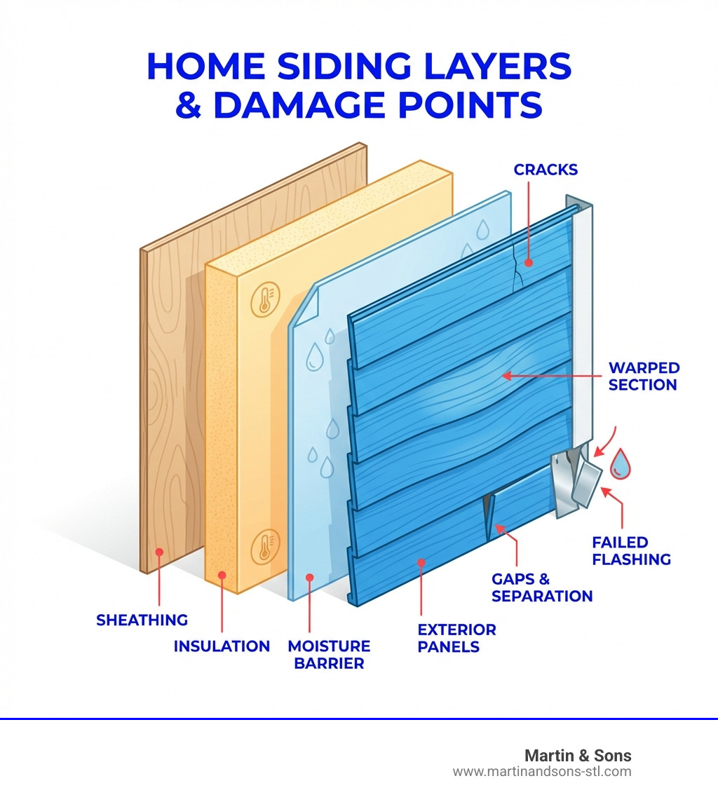infographic showing home siding layers including exterior panels, moisture barrier, insulation, and sheathing, with callouts for common damage points like cracks, gaps, warped sections, and failed flashing - house siding repair services infographic infographic showing home siding layers including exterior panels, moisture barrier, insulation, and sheathing, with callouts for common damage points like cracks, gaps, warped sections, and failed flashing - house siding repair services infographic