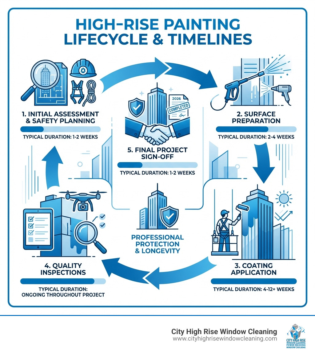 infographic showing the high-rise painting lifecycle from initial assessment and safety planning through surface preparation, coating application, quality inspections, and final project sign-off with typical timelines for each phase - professional painters for skyscrapers infographic infographic showing the high-rise painting lifecycle from initial assessment and safety planning through surface preparation, coating application, quality inspections, and final project sign-off with typical timelines for each phase - professional painters for skyscrapers infographic